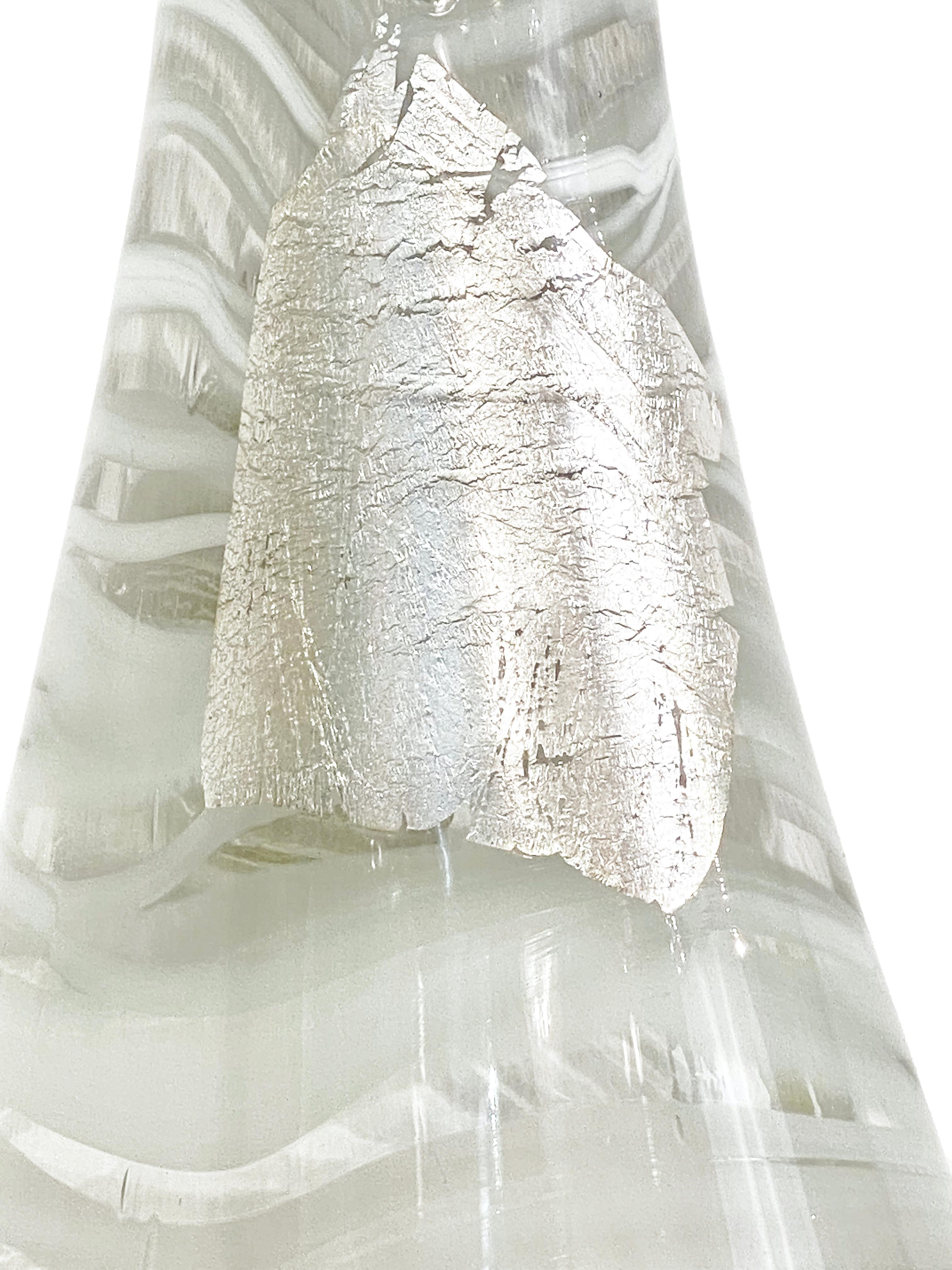 Italian Art Deco Style Silver Leaf White Clear Murano Glass Sculpture Vase For Sale 3