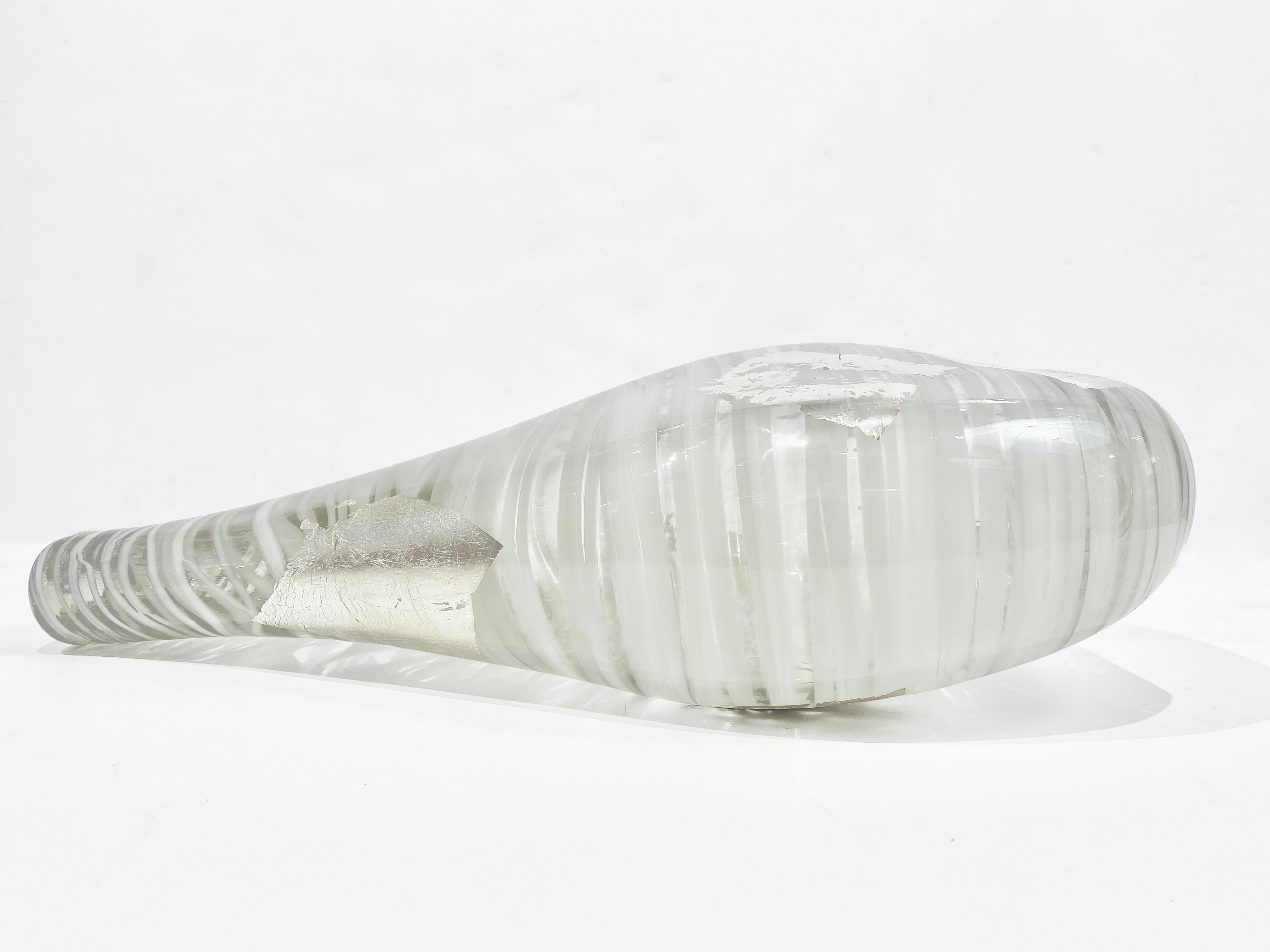 Italian Art Deco Style Silver Leaf White Clear Murano Glass Sculpture Vase For Sale 7