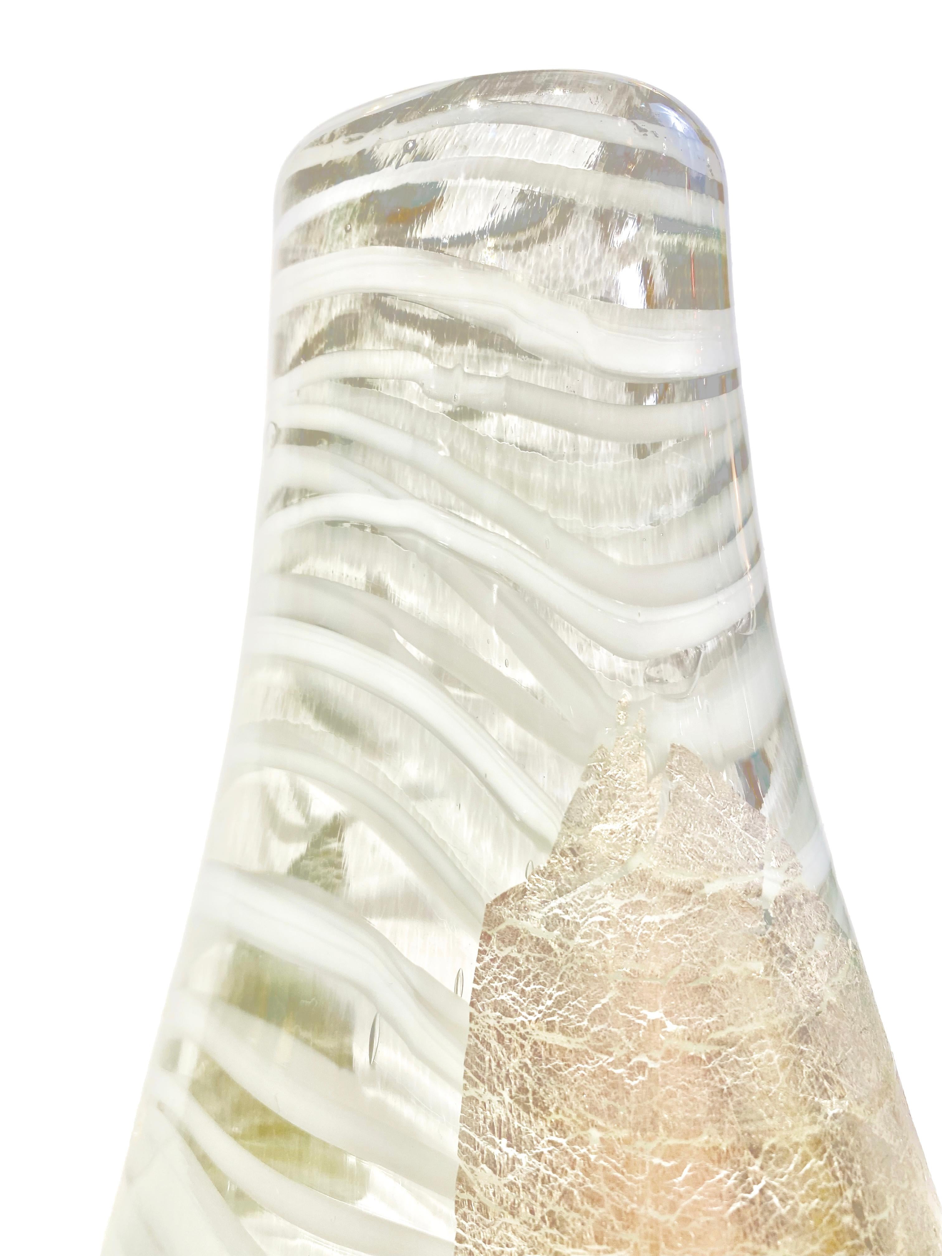 Hand-Crafted Italian Art Deco Style Silver Leaf White Clear Murano Glass Sculpture Vase For Sale