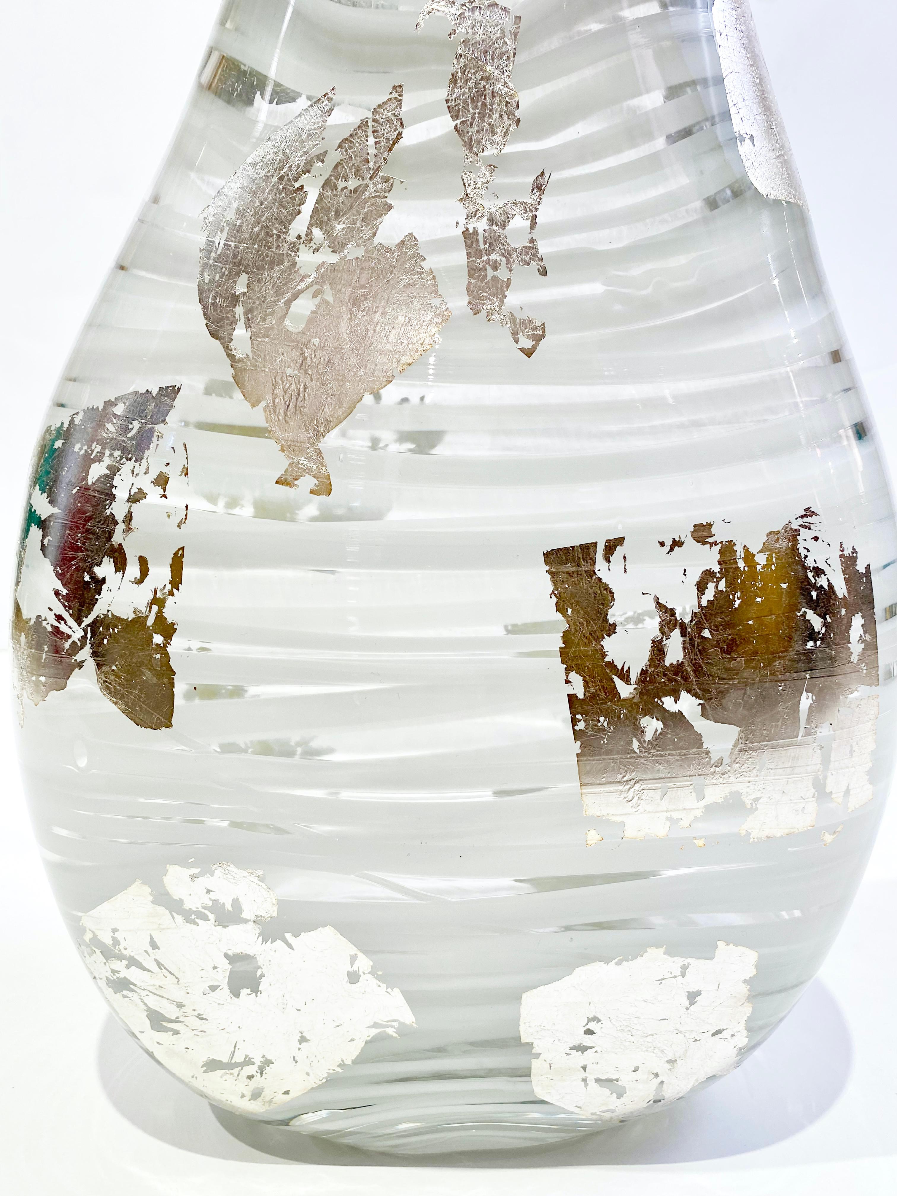 Hand-Crafted Italian Art Deco Style Silver Leaf White Clear Murano Glass Sculpture Vase For Sale
