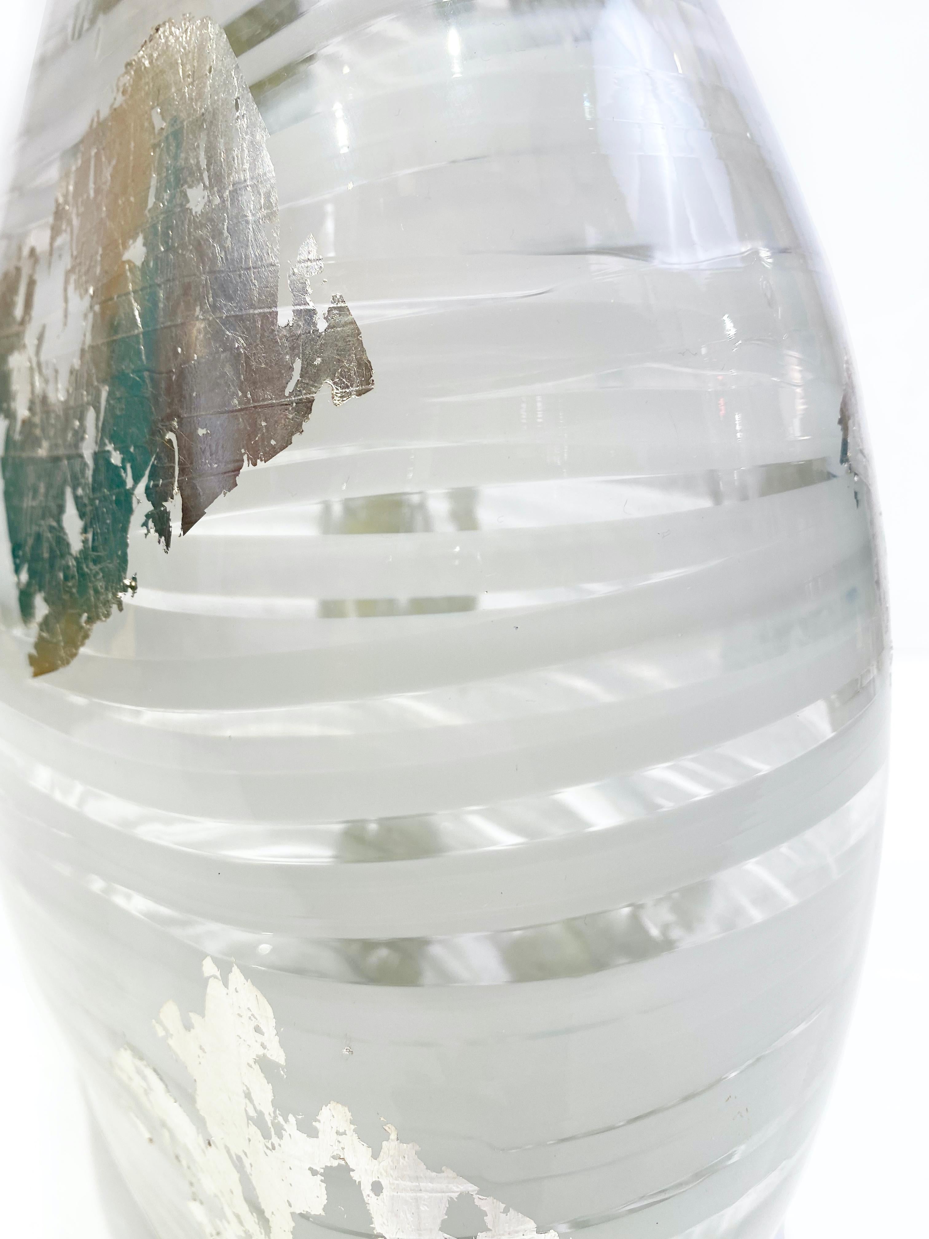 Blown Glass Italian Art Deco Style Silver Leaf White Clear Murano Glass Sculpture Vase For Sale