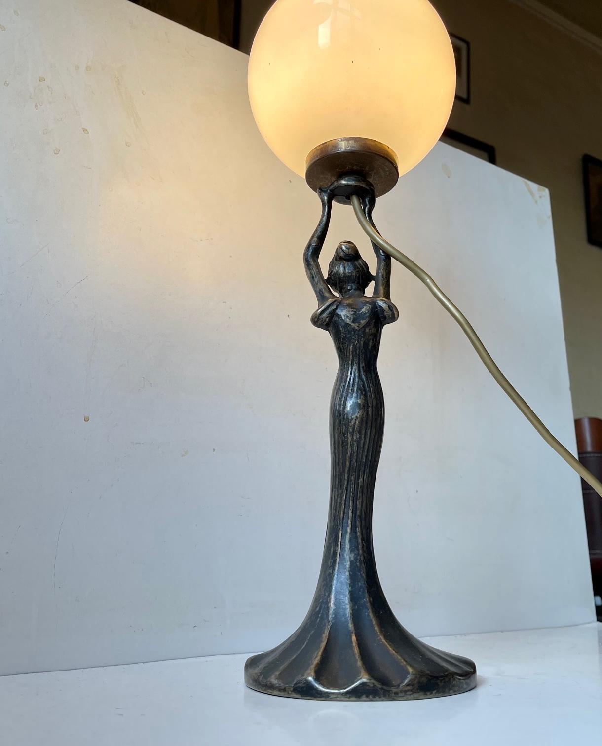 Patinated Italian Art Deco Style Table Lamp in Bronze, 1980s For Sale