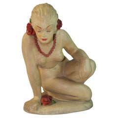 Italian Art Deco Style Terracotta Sculpture of A Nude Woman with Red Flower 1945