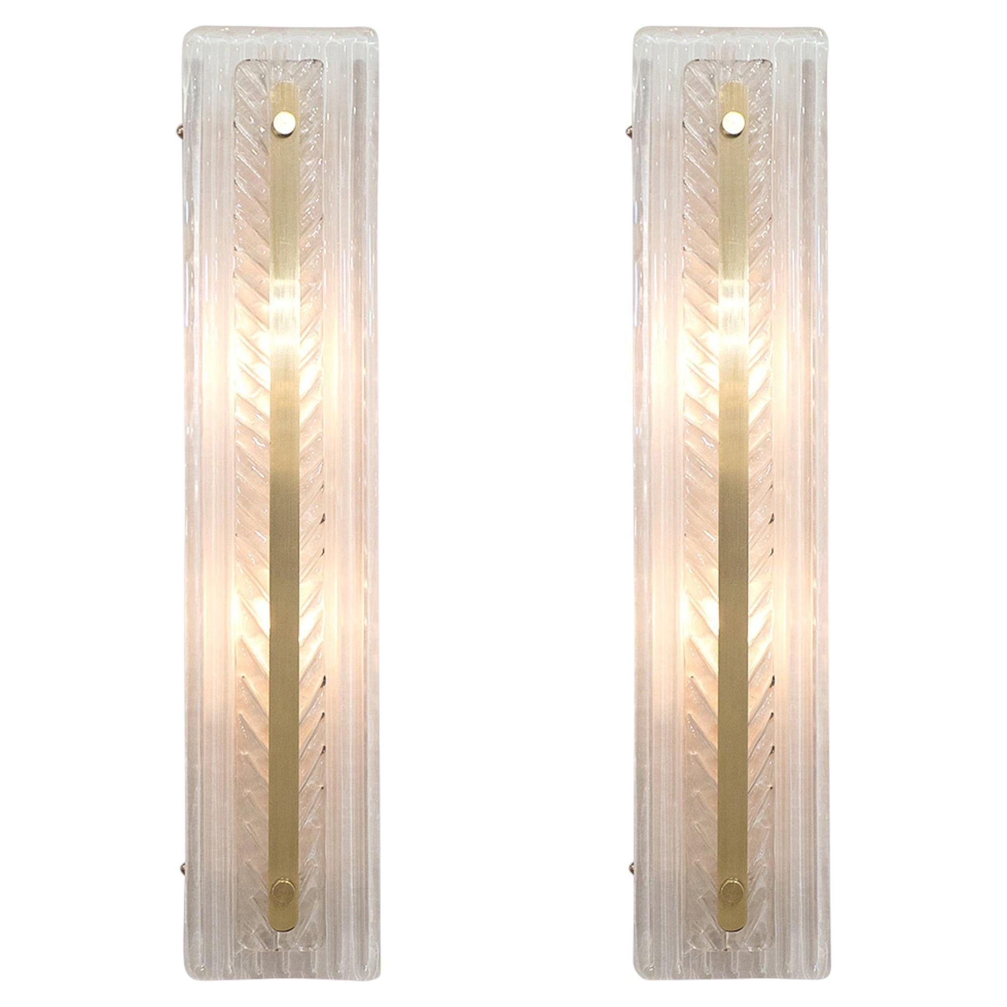 Italian Art Deco Style Wall Sconces, Handblown Murano Glass & Brass, New For Sale