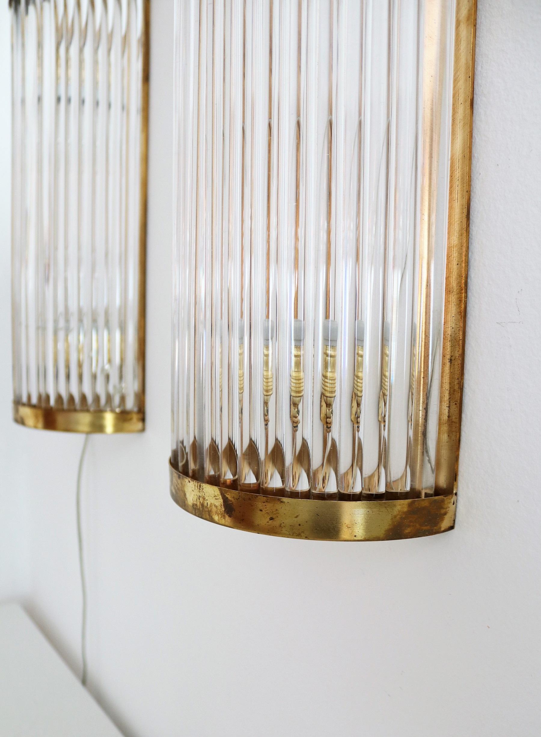 Italian Art Deco Style Murano Wall Sconces with Glass Rods and Brass 9