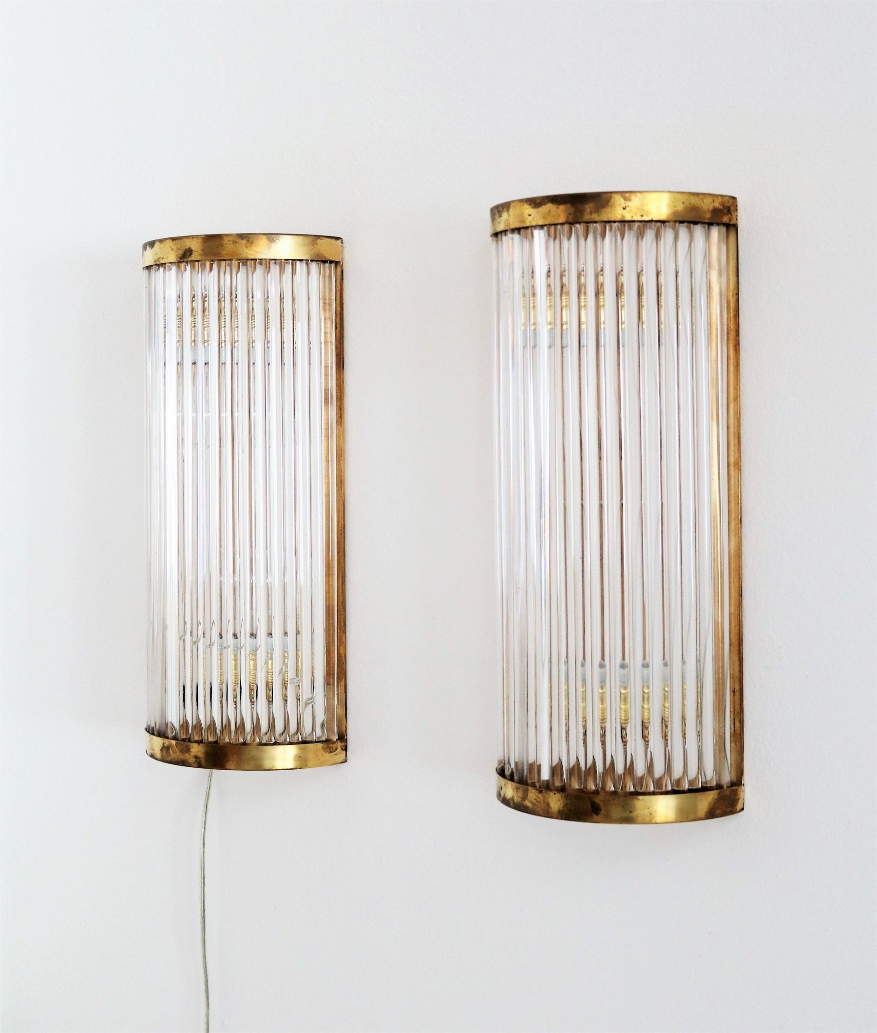 Hand-Crafted Italian Art Deco Style Murano Wall Sconces with Glass Rods and Brass