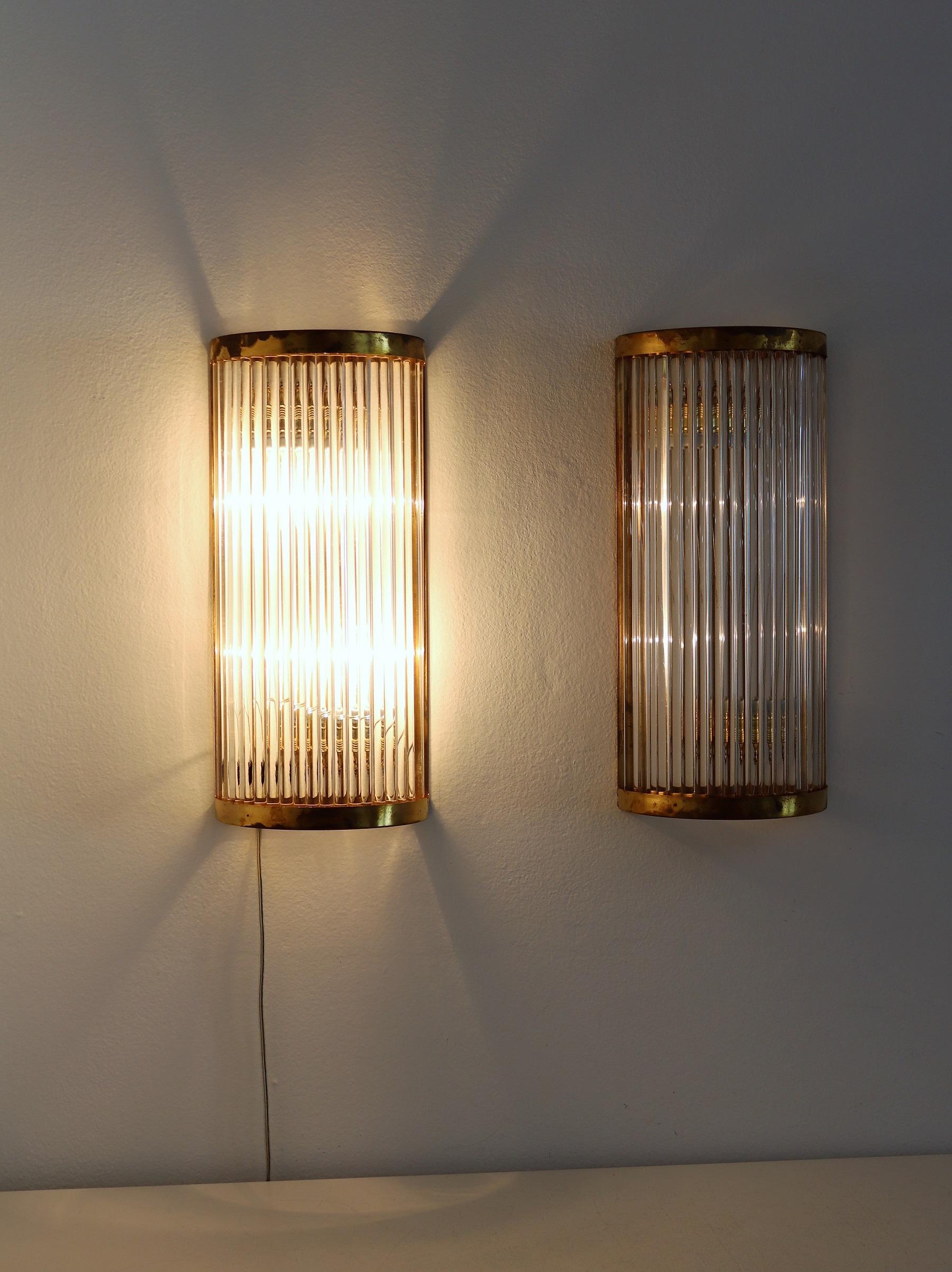 Italian Art Deco Style Murano Wall Sconces with Glass Rods and Brass 1