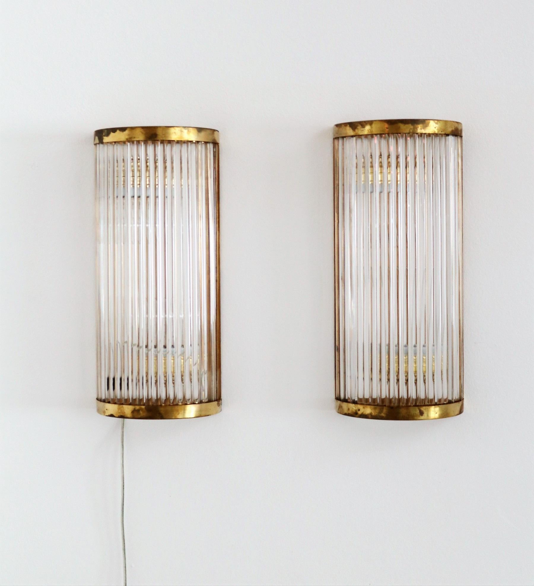 Italian Art Deco Style Murano Wall Sconces with Glass Rods and Brass 3