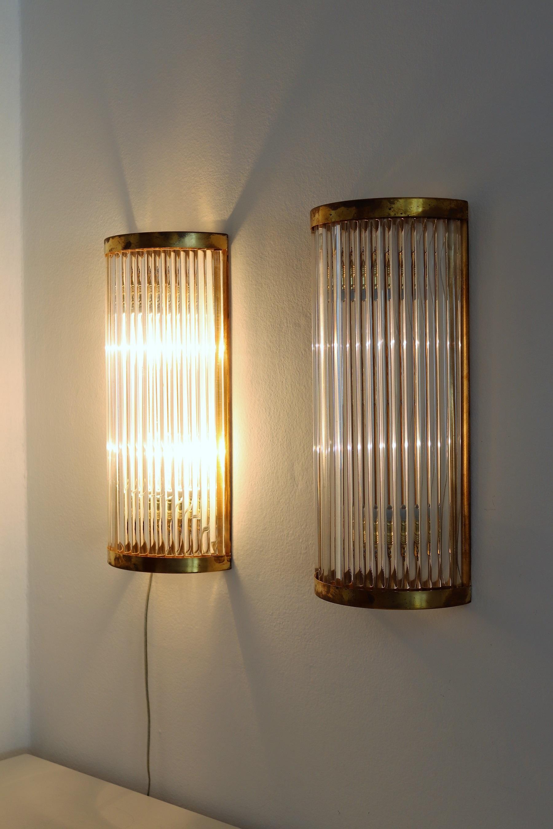 Italian Art Deco Style Murano Wall Sconces with Glass Rods and Brass 4