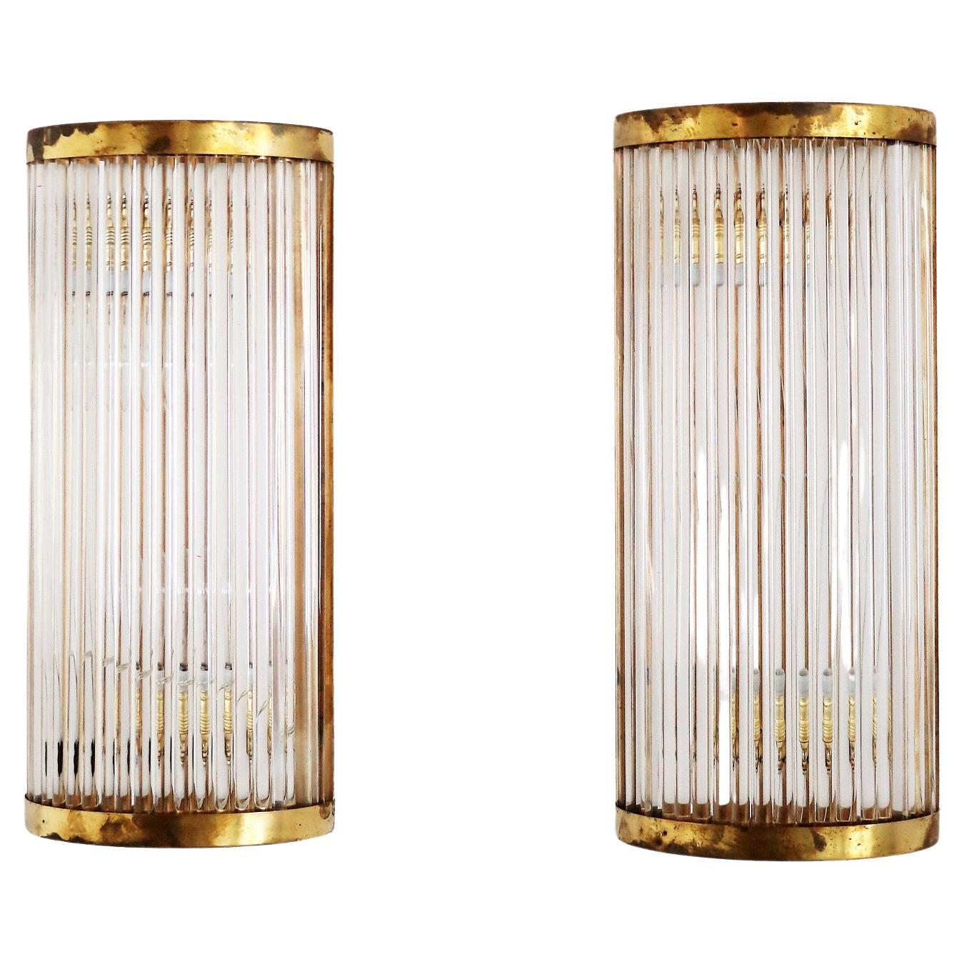 Italian Art Deco Style Murano Wall Sconces with Glass Rods and Brass
