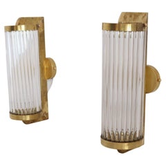 Italian Art Deco Style Wall Sconces with Glass Rods and Brass, Set of Two