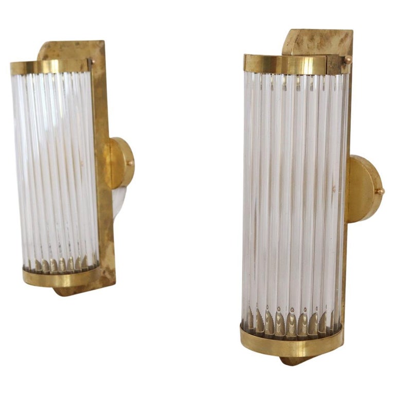 Italian Art Deco Style Wall Sconces with Glass Rods and Brass, Set of