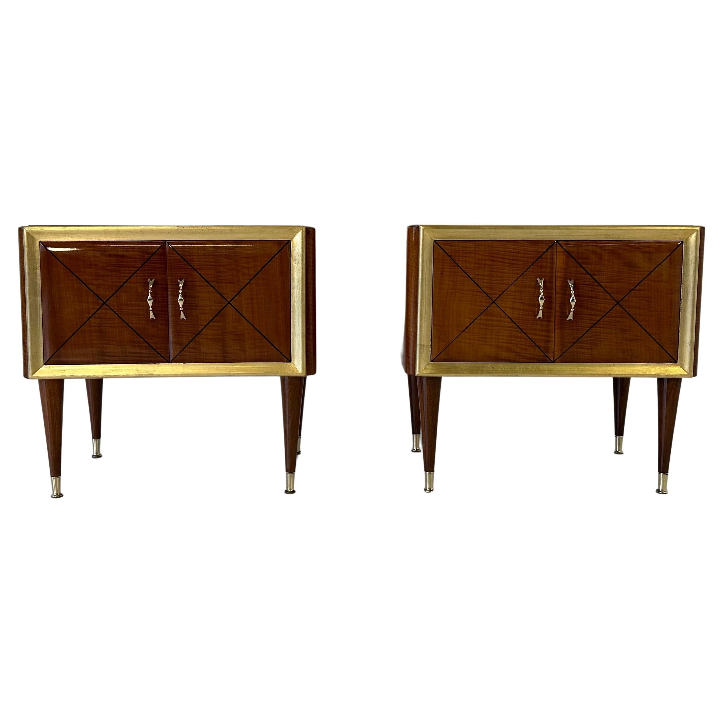 Italian Art Deco Style Walnut, Gold Leaf, Black and Glass Nightstands
