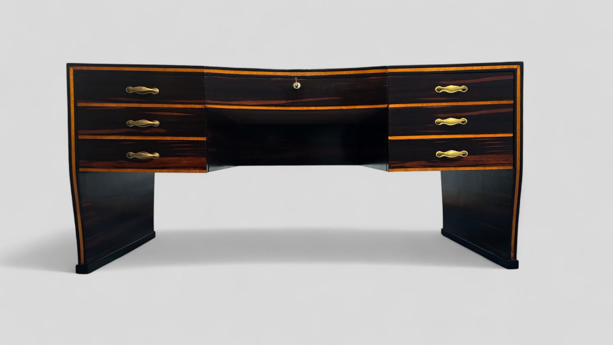 Brass Italian Art Deco Table Desk , Ebony Makassar attributed to Osvaldo Borsani, 1940 For Sale