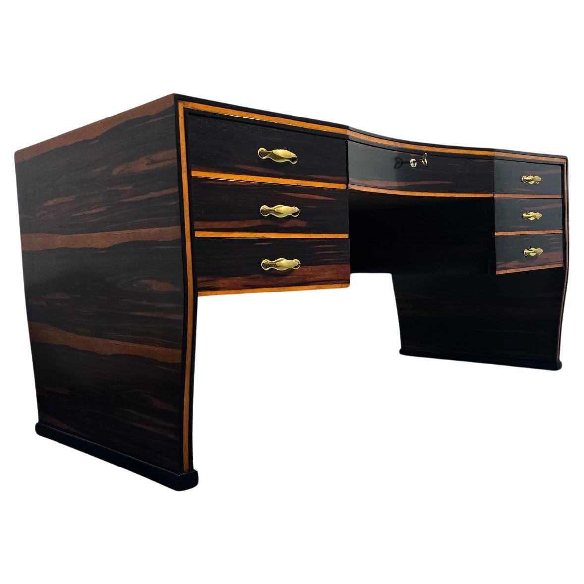 Italian Art Deco Table Desk , Ebony Makassar attributed to Osvaldo Borsani, 1940 For Sale