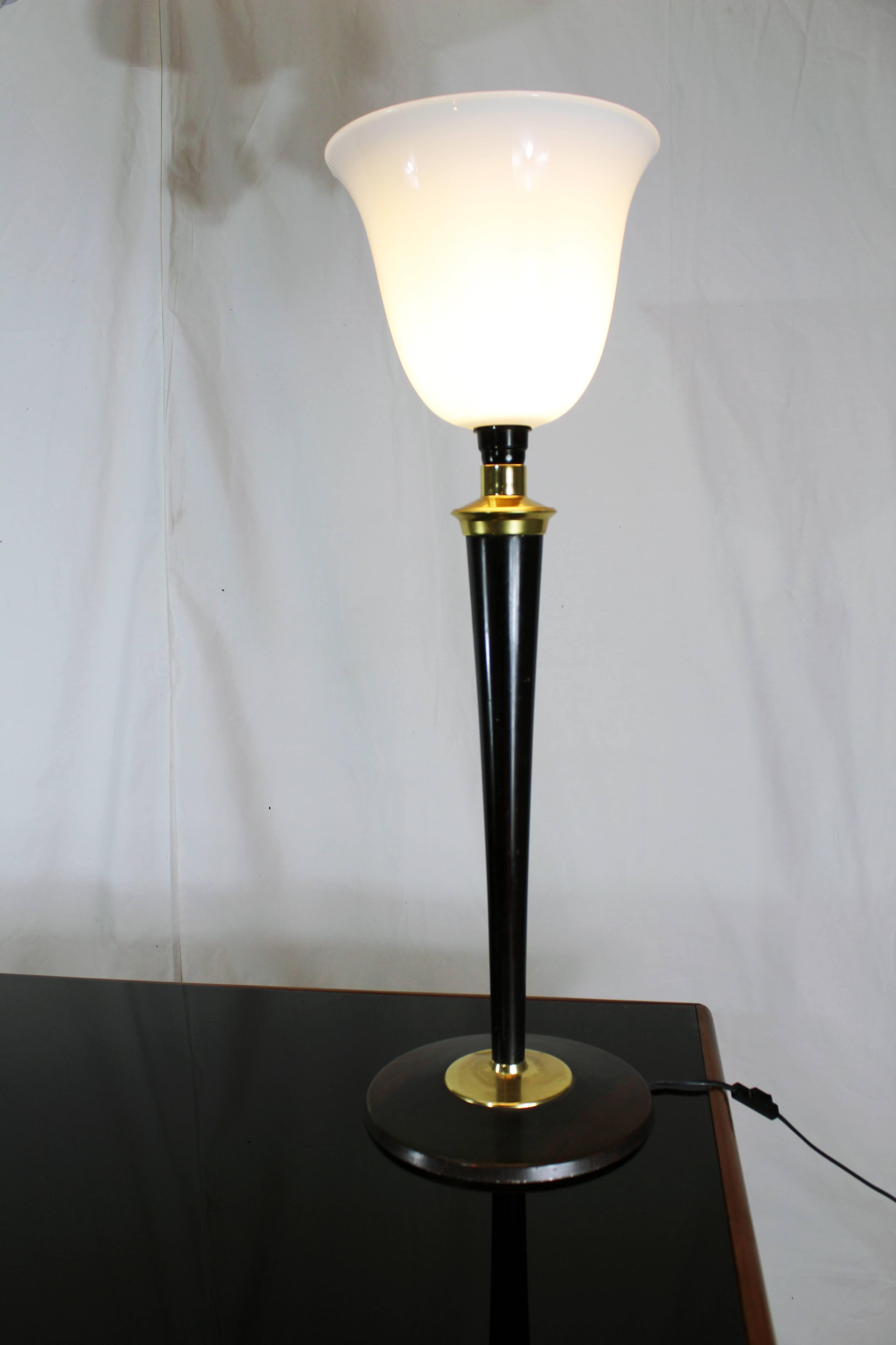 Italian Art Deco Table Lamp, Black Wood, Brass and Glass, 1930s 1