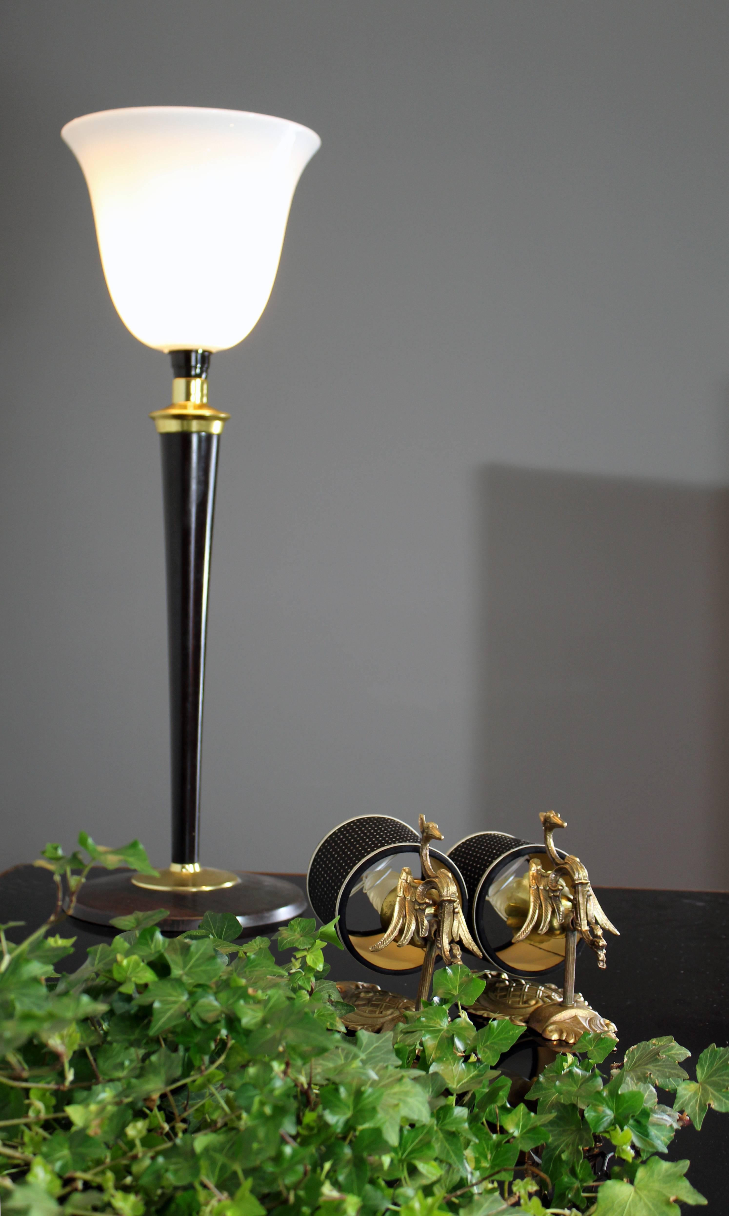 Italian Art Deco Table Lamp, Black Wood, Brass and Glass, 1930s 4