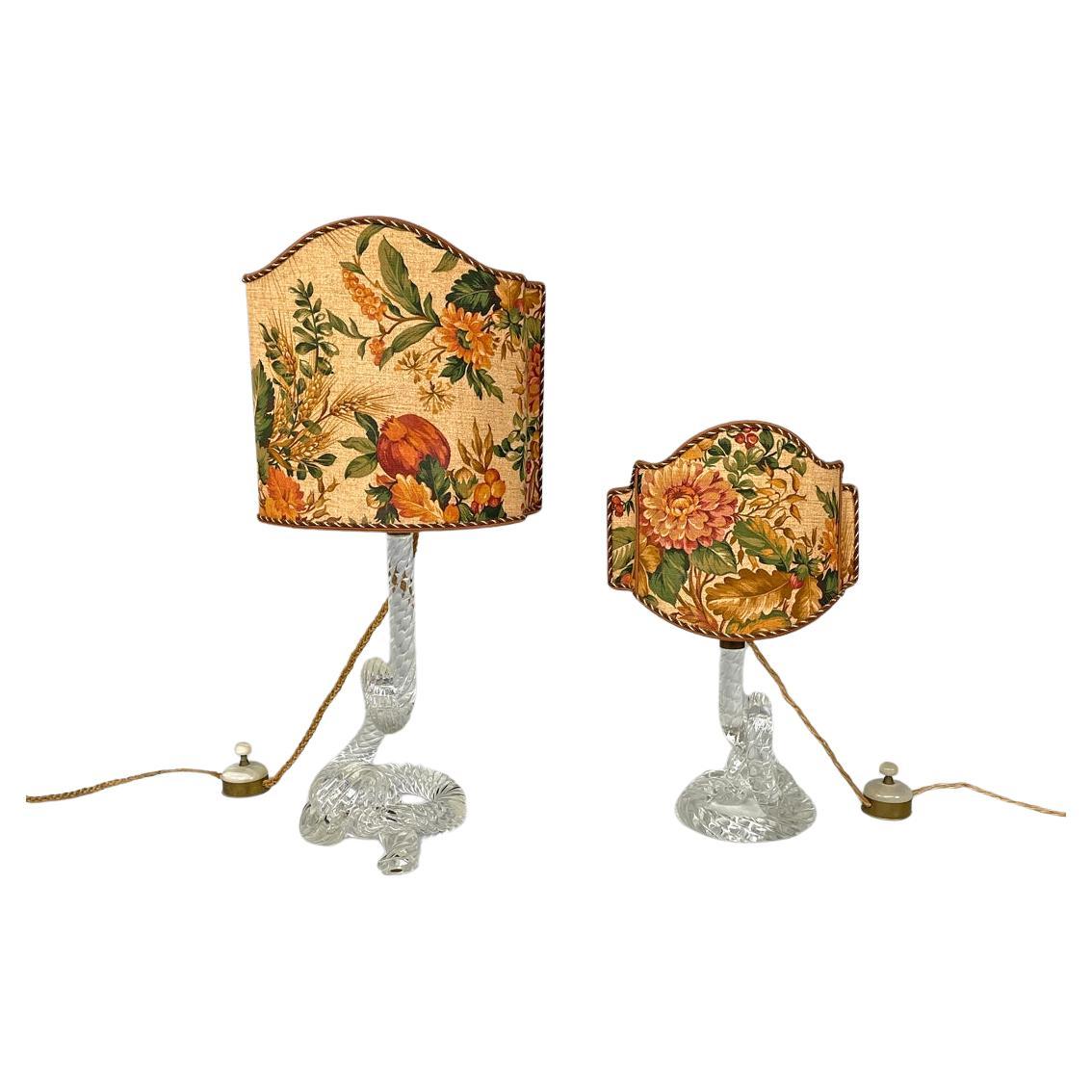 Italian Art Deco table lamps by Seguso in Murano glass and floral fabric, 1930s For Sale