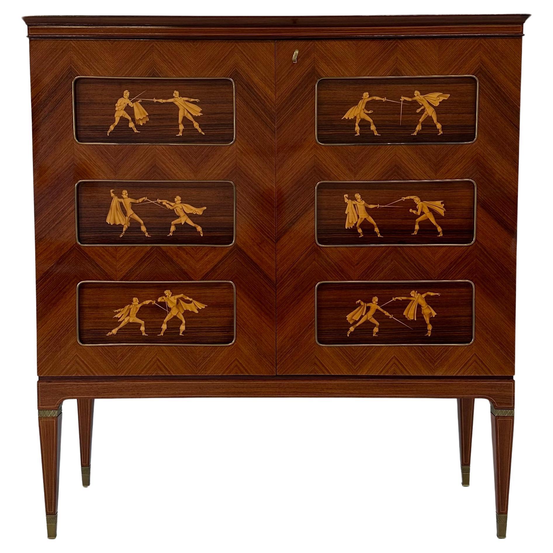 Meuble de bar italien Art déco en teck et incrustations par Paolo Buffa, années 1950