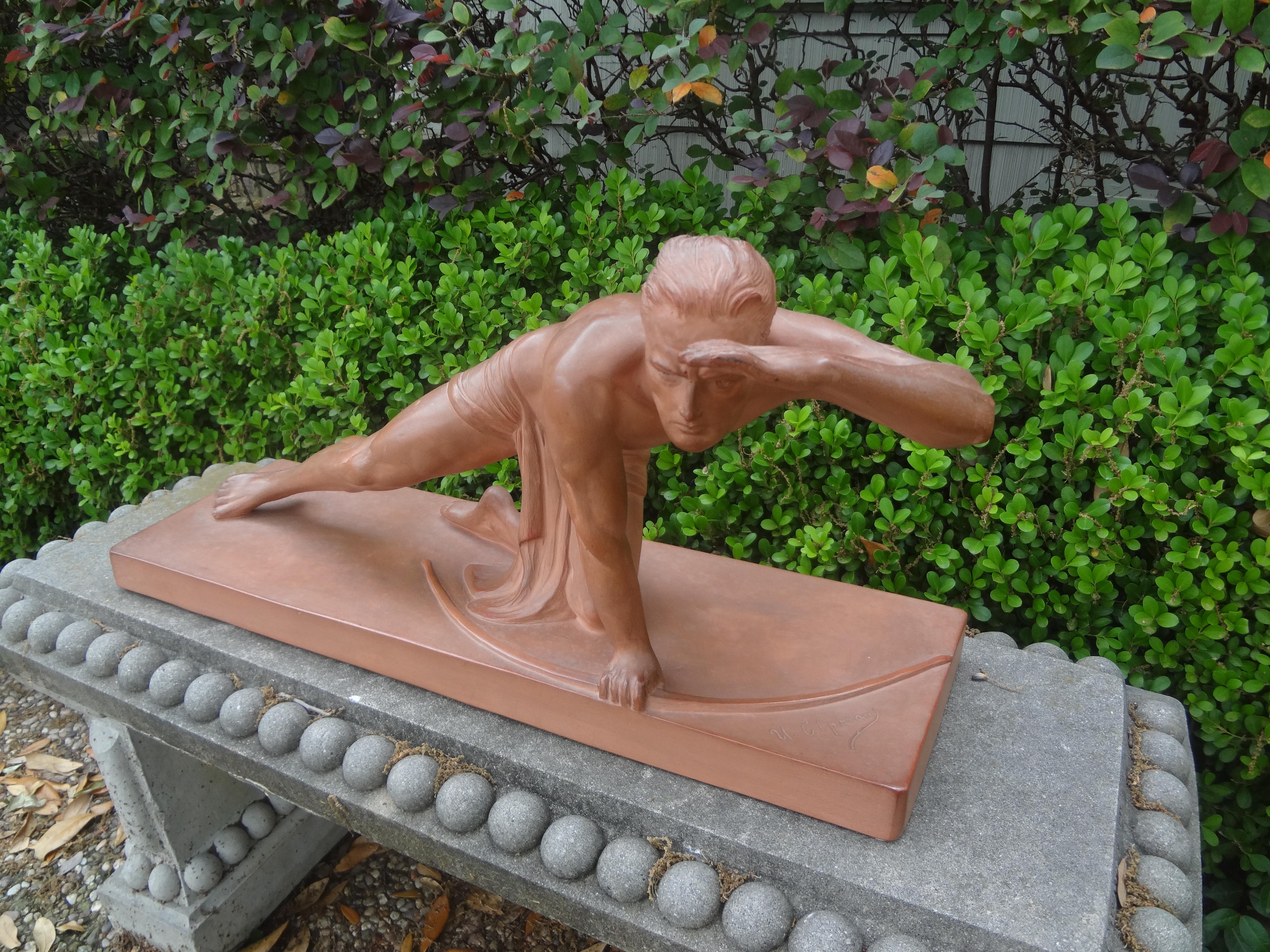 Italian Art Deco Terracotta Sculpture Signed U. Cipriani For Sale 2