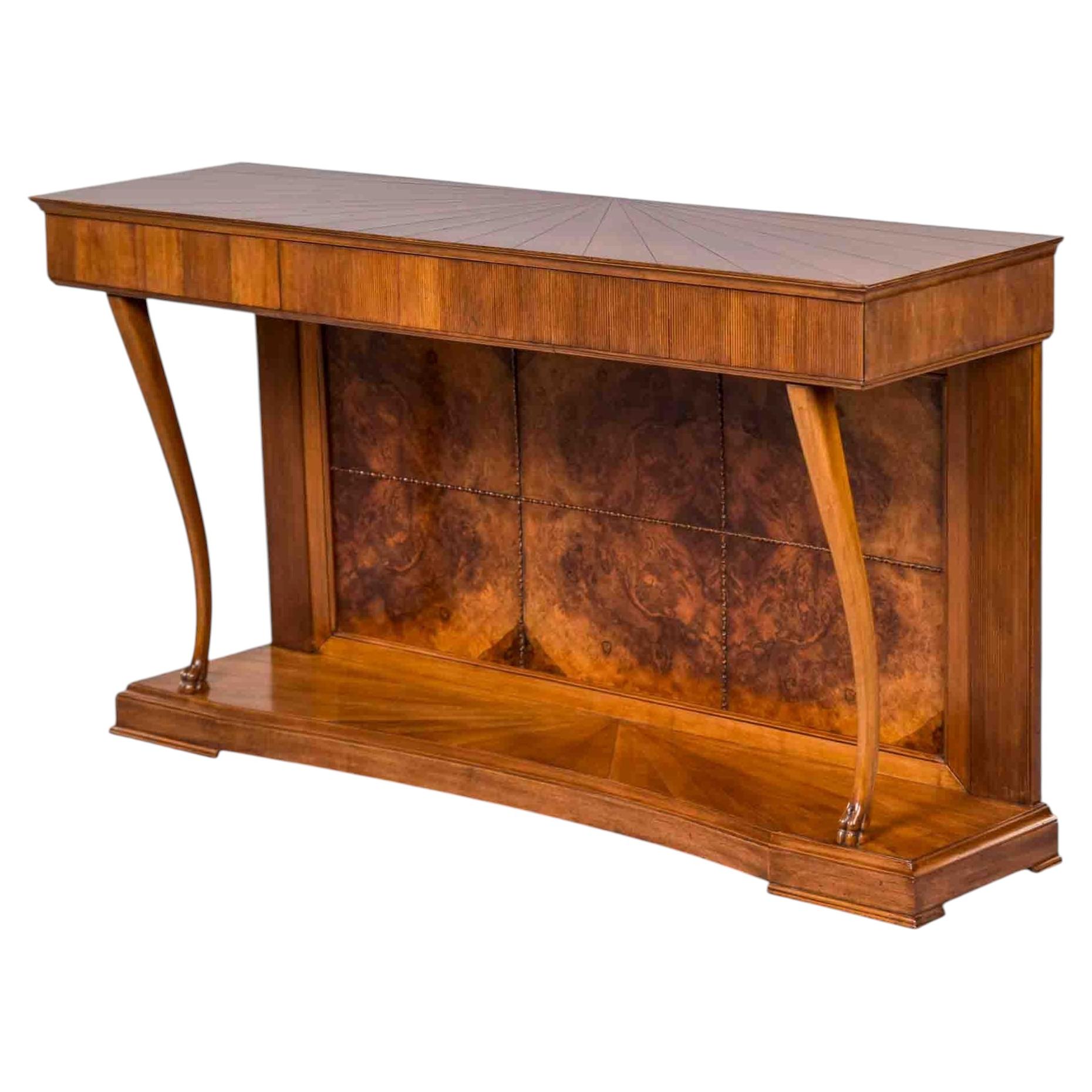 Italian Art Deco Three Drawer Walnut Console with Crotch Veneer