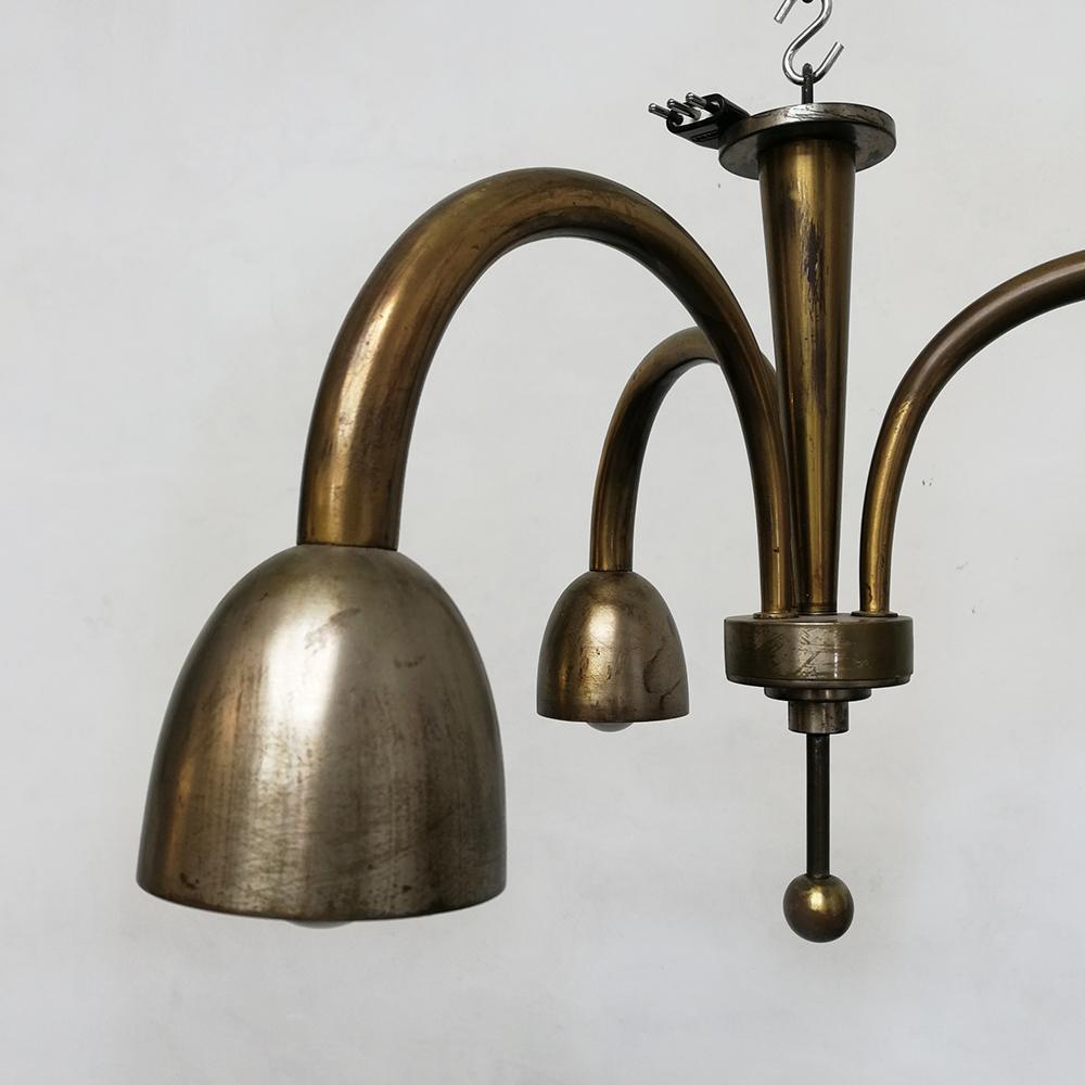 Brass Italian Art Deco Three-Light Ceiling Lamp, 1930s