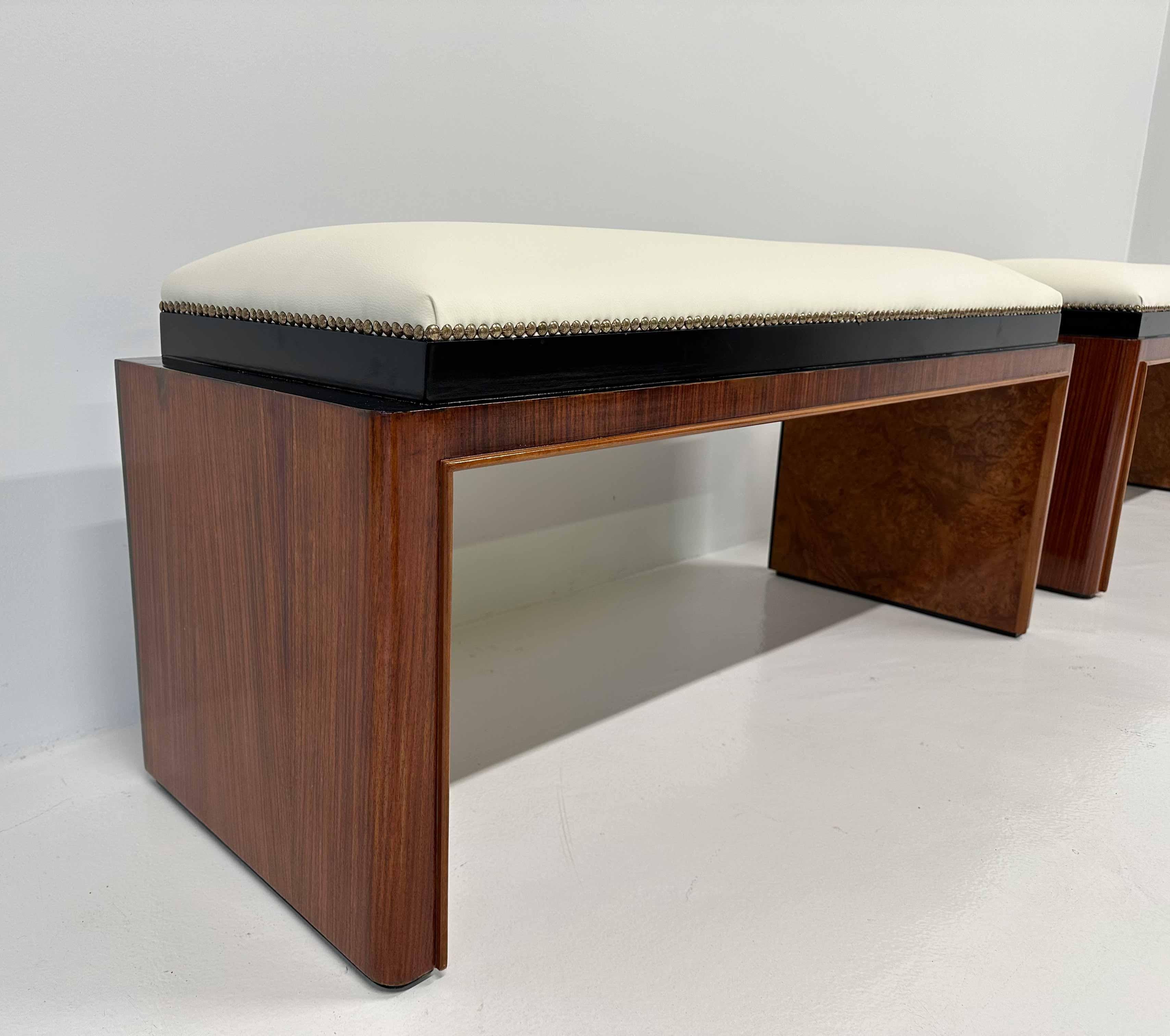 Italian Art Deco Thuja, Macassar, Black and Faux Leather Pair of Benches, 1930s 1