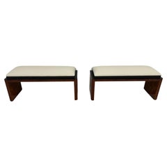 Italian Art Deco Thuja, Macassar, Black and Faux Leather Pair of Benches, 1930s