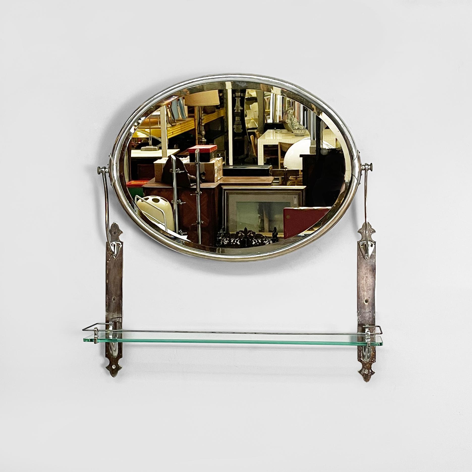Art déco Miroir mural inclinable italien Art Deco avec étagère en verre et métal, années 1930 en vente