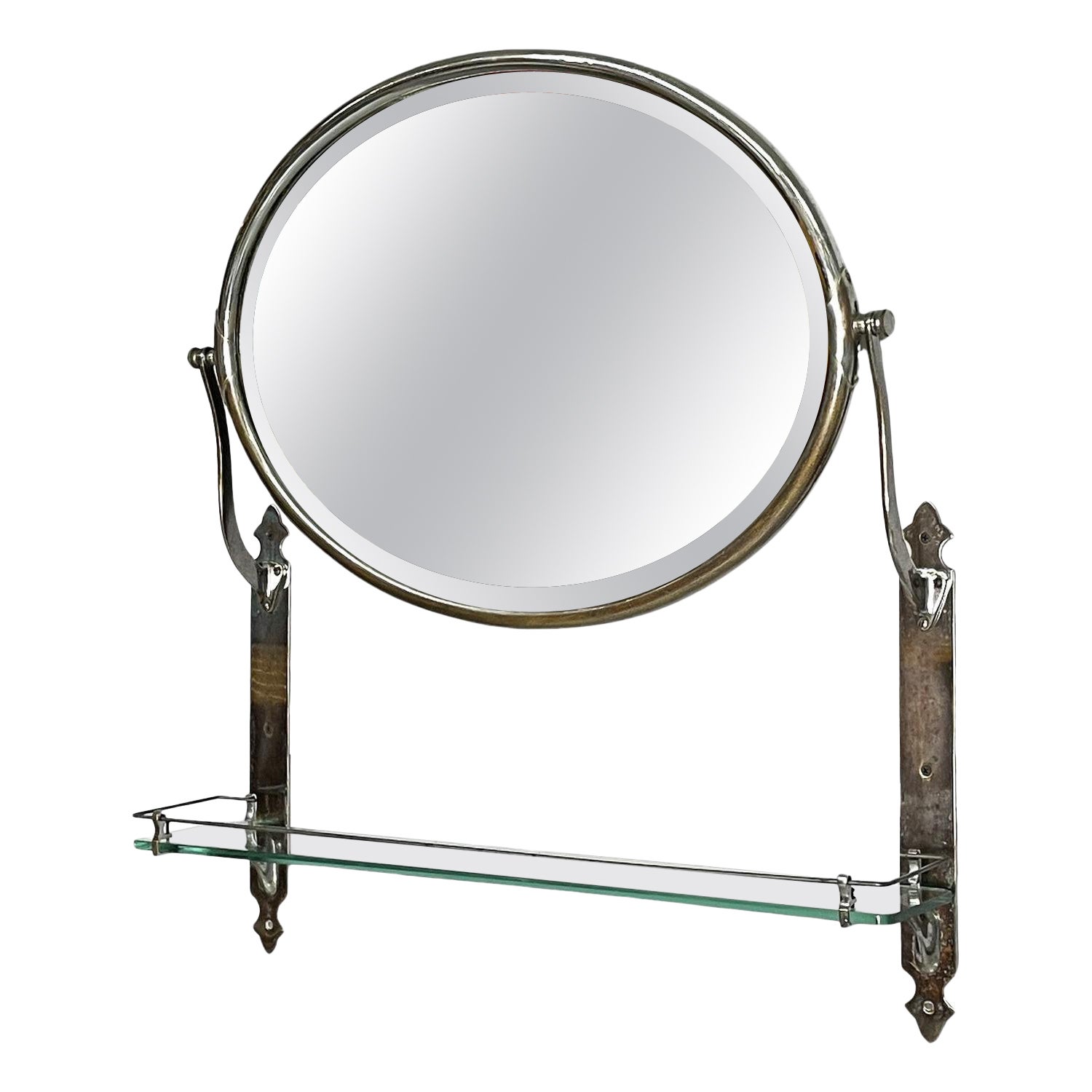Miroir mural inclinable italien Art Deco avec étagère en verre et métal, années 1930 en vente
