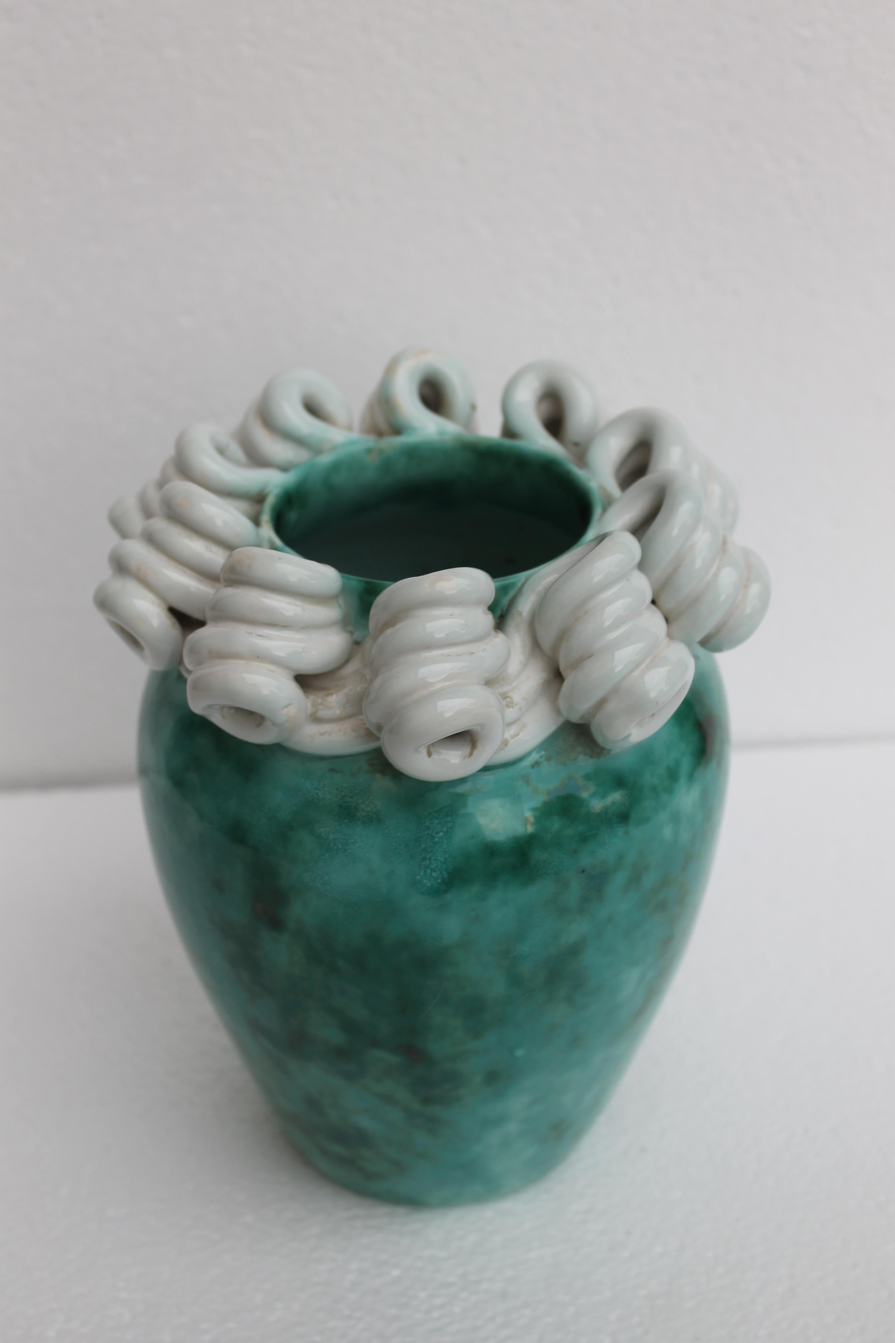 Art Deco vase, in marbled turquoise ceramic with a white spiral collar on the top. Made in Italy, dated 1930s.