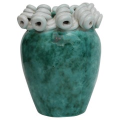 Italian Art Deco Turquoise and White Marbled Ceramic Vase, 1930s