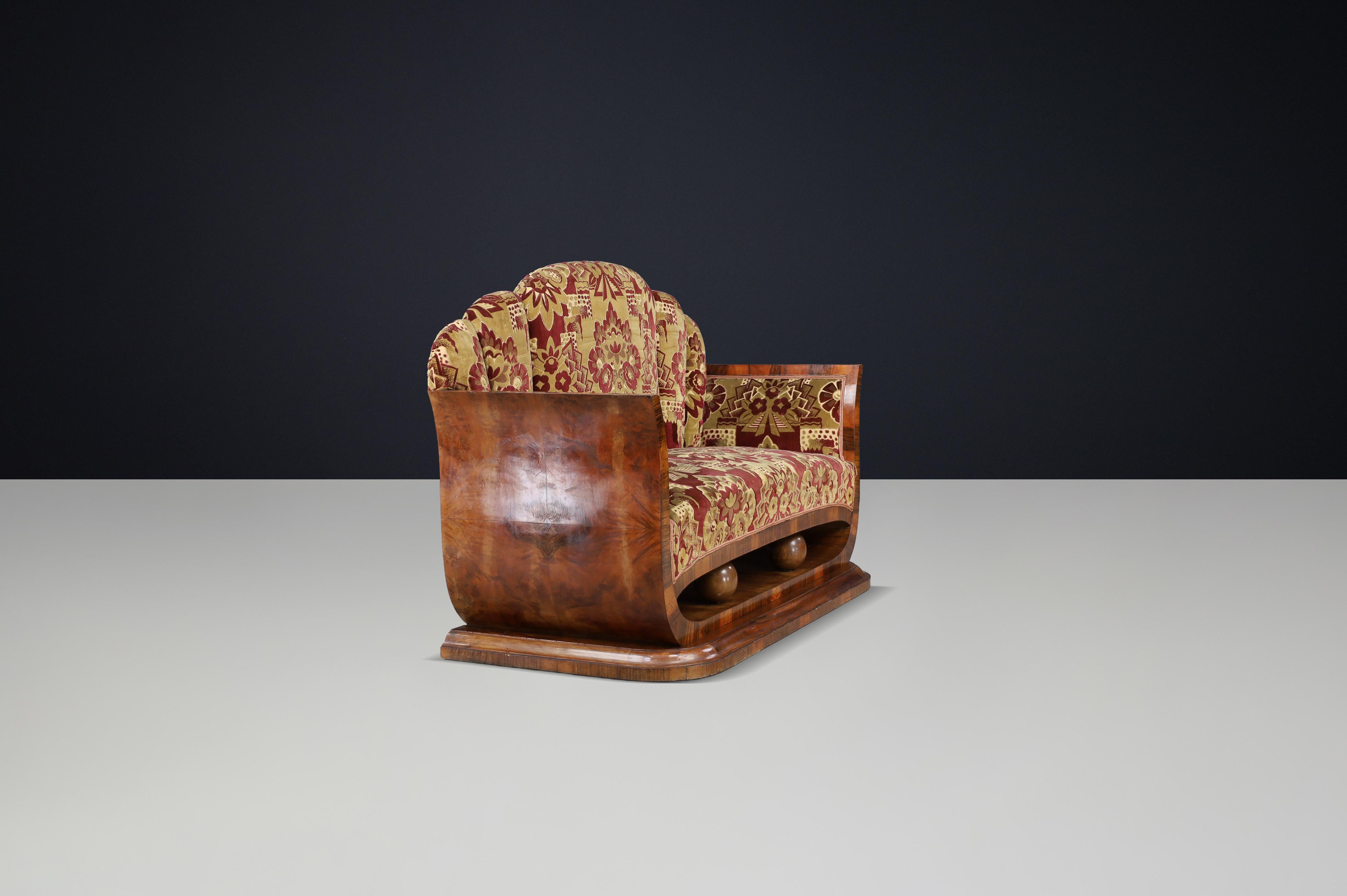 Upholstery Italian Art Deco Two-Seat Sofa in Walnut Burl with Original Velvet, Naples, 1930 For Sale