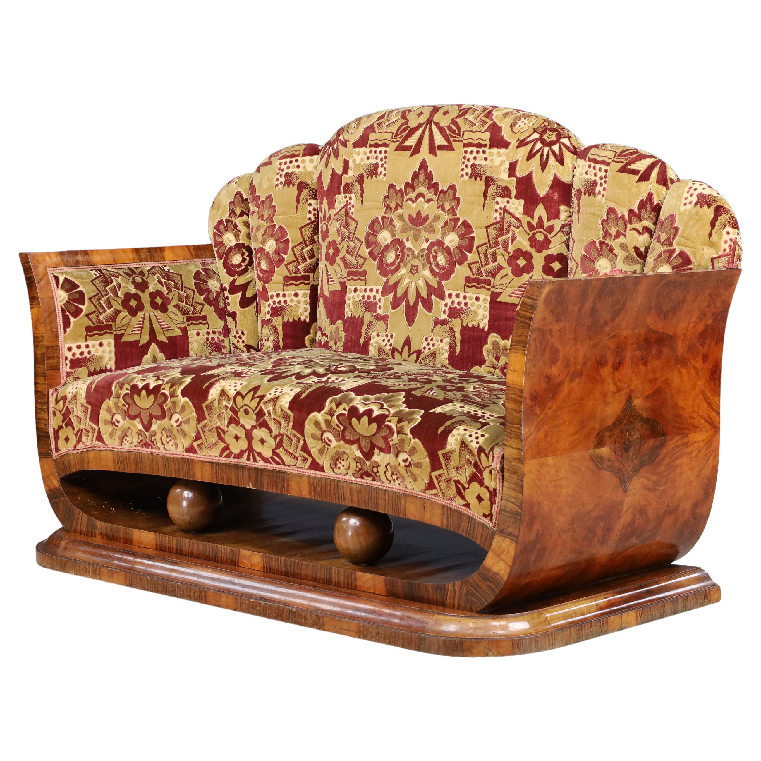 Italian Art Deco Two-Seat Sofa in Walnut Burl with Original Velvet, Naples, 1930 For Sale