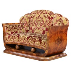 Italian Art Deco Two-Seat Sofa in Walnut Burl with Original Velvet, Naples, 1930