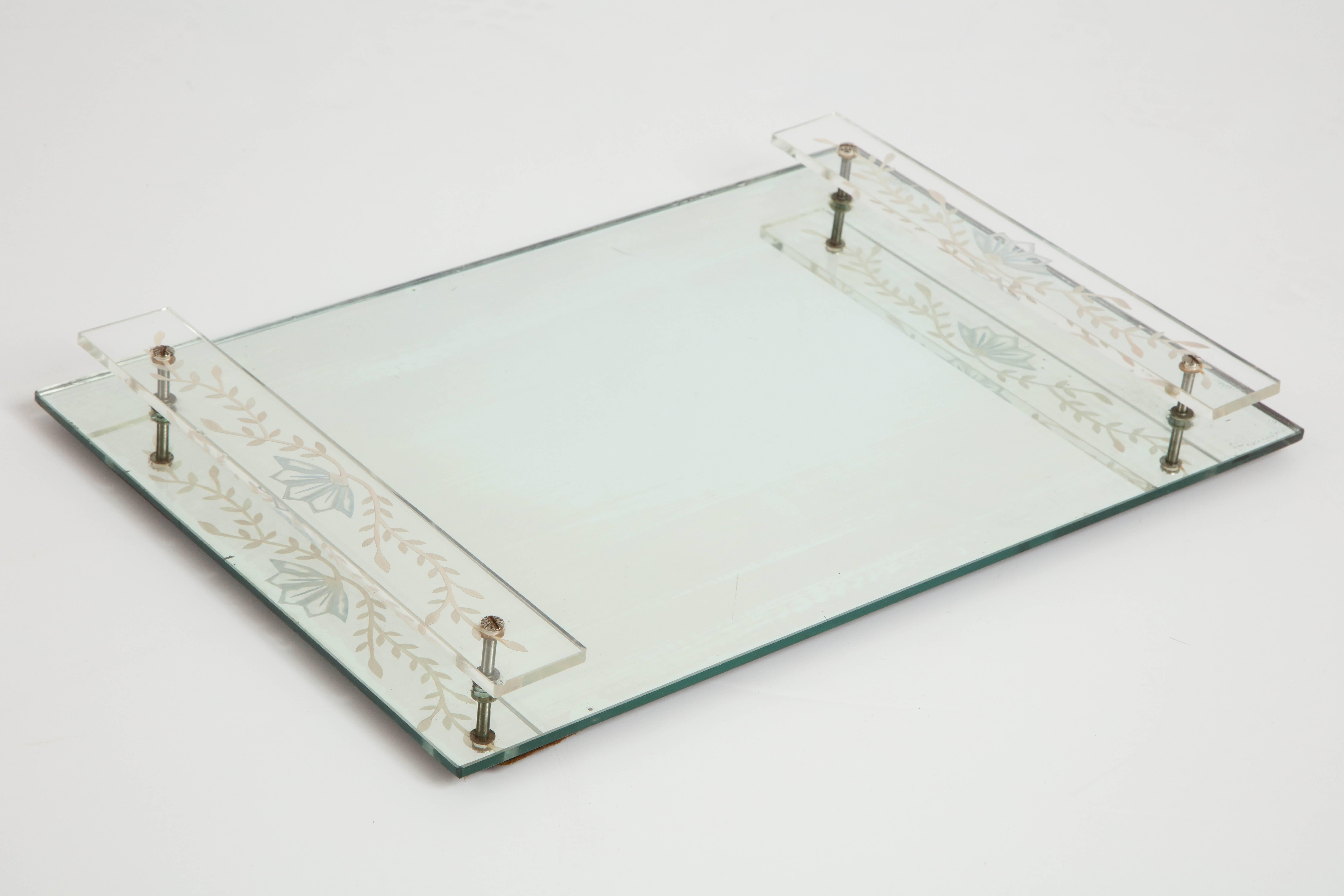Italian Art Deco mirror vanity tray with floral etched glass panel handles.
