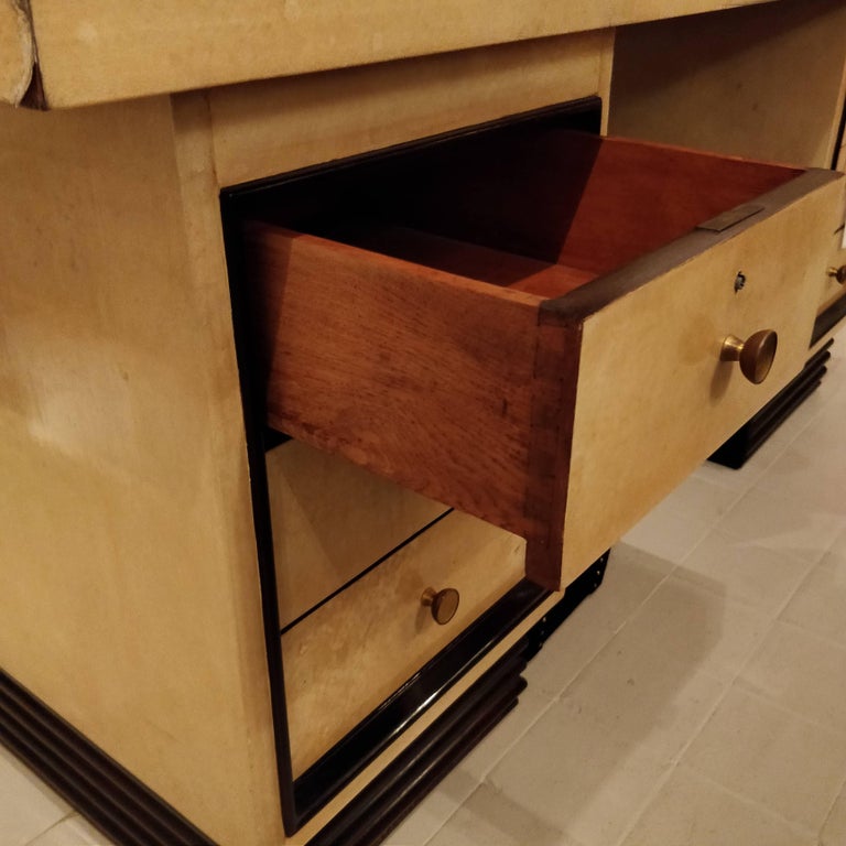 Art Deco Vellum Veneered Pedestal Desk with Ebonised Mouldings, circa