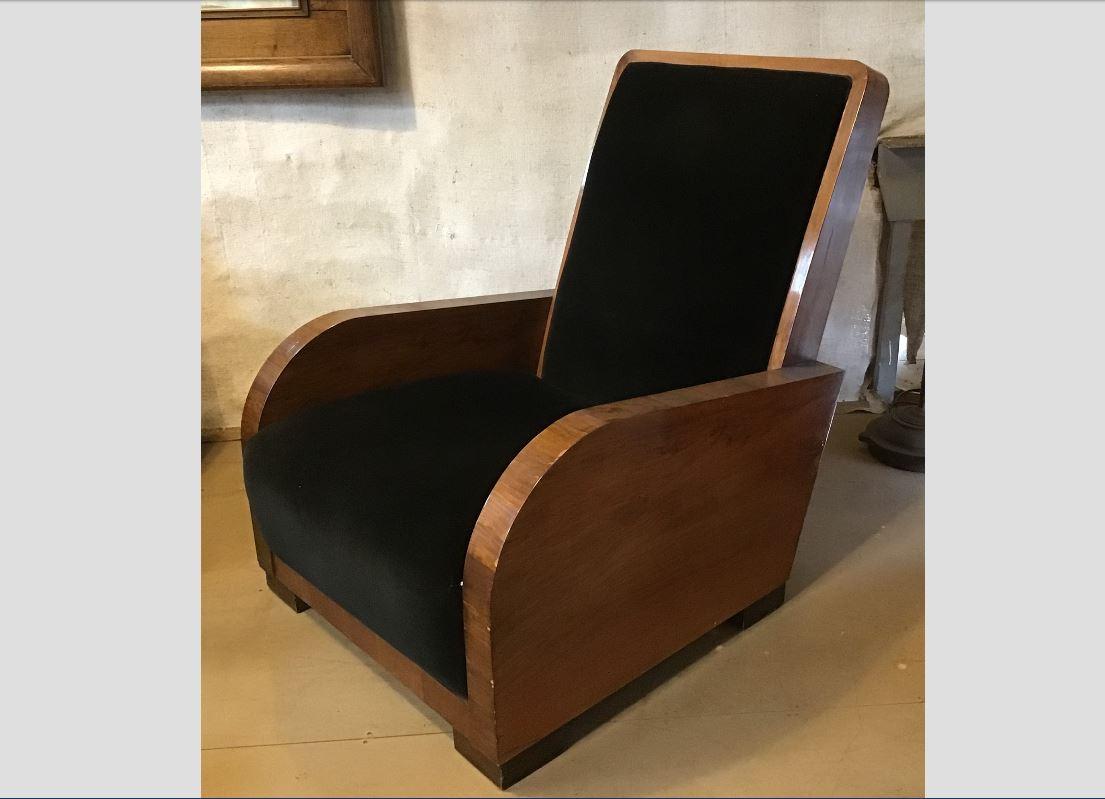 Italian Art Deco velvet upholstered walnut armchair from 1940s.