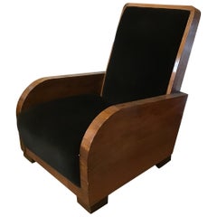 Italian Art Deco Velvet Upholstered Walnut Armchair from 1940s