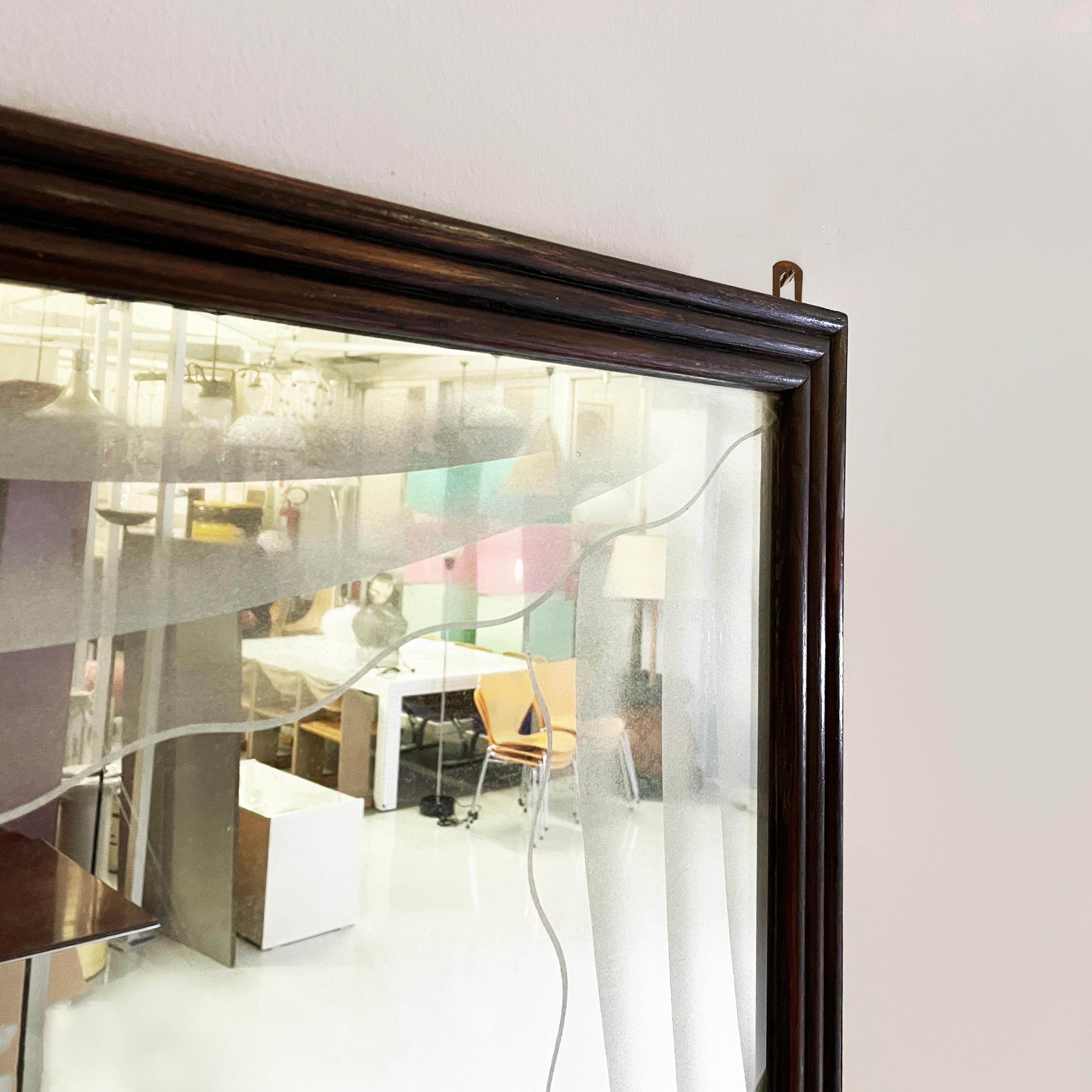 Mirror Italian art deco Wall mirror with acidified decorations in grissinato wood 1930s For Sale