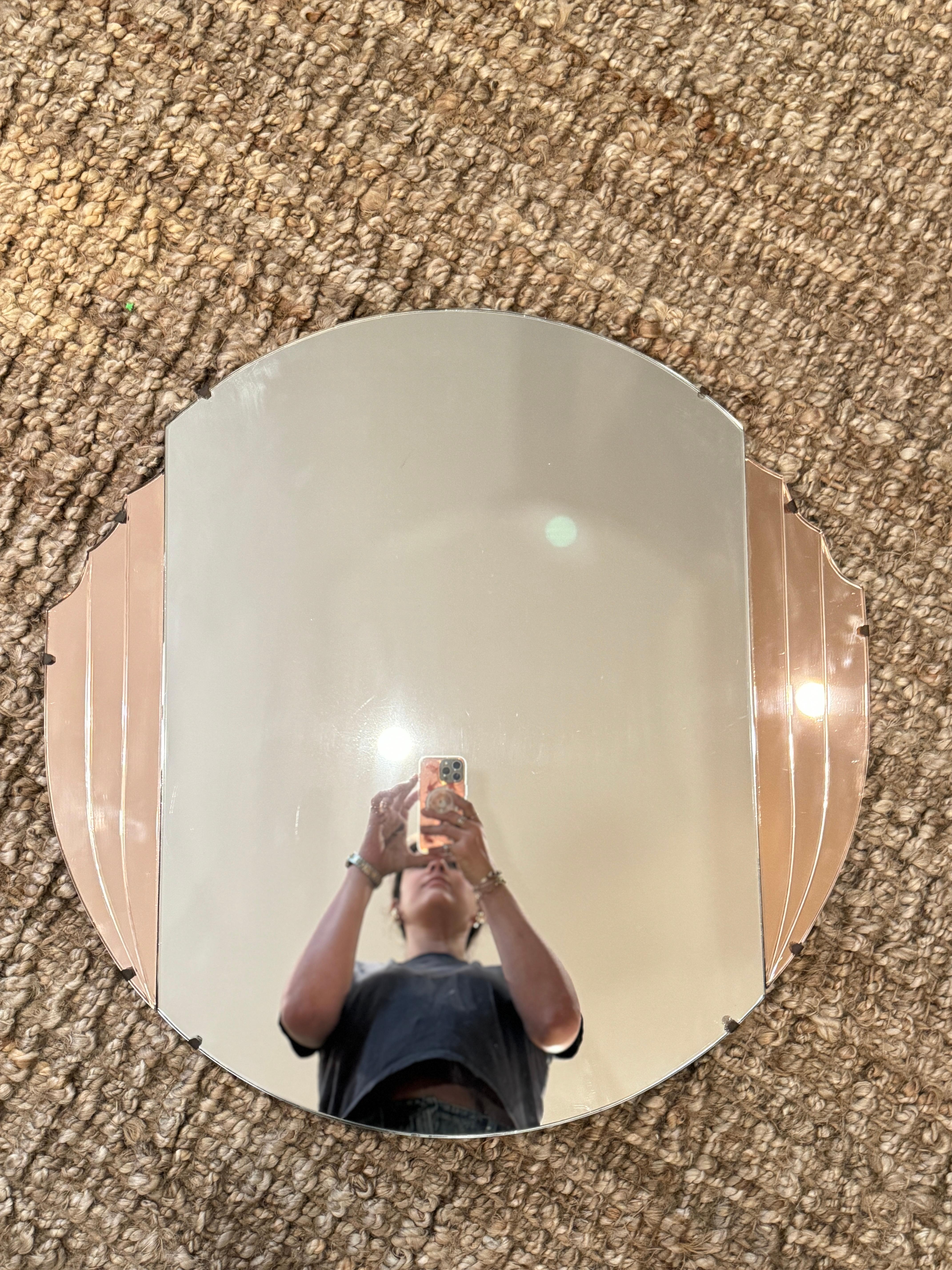 Italian Art Deco wall mirror with peach colored parts, circa 1930s 1