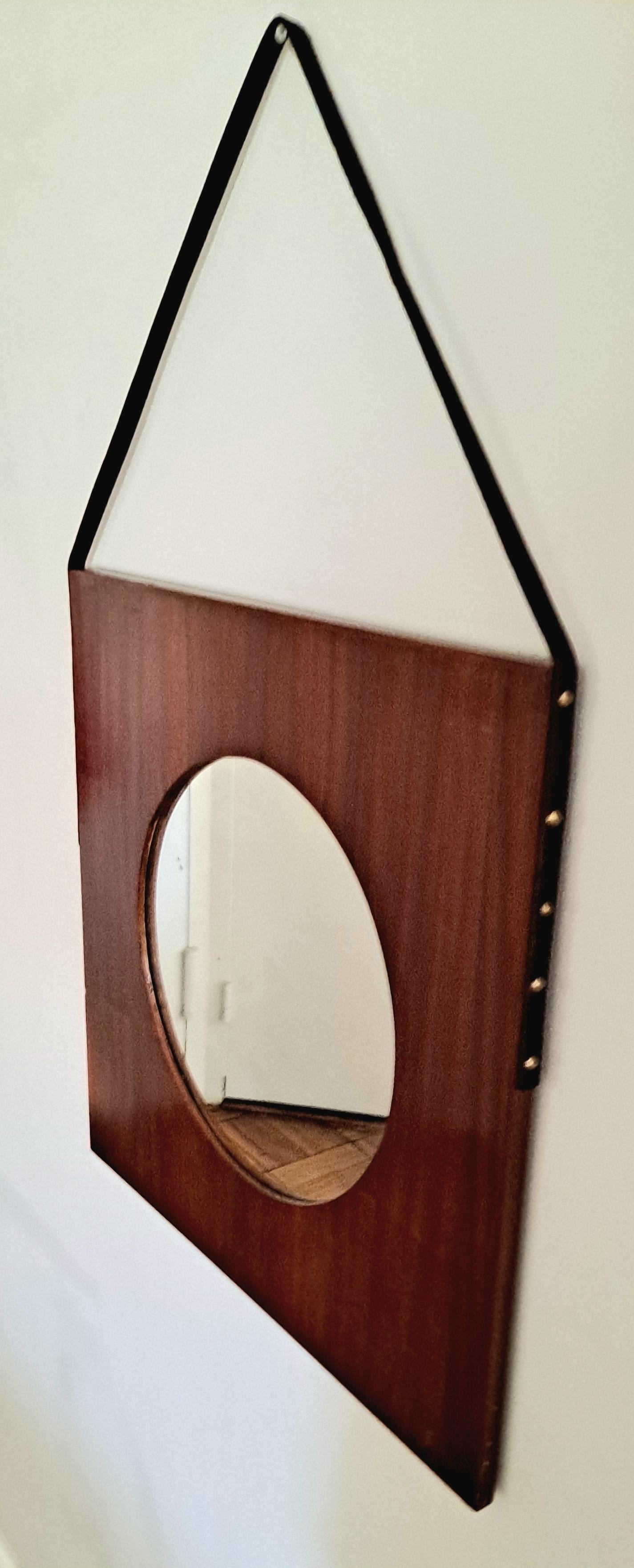 Italian Art Deco Wall Round Mirror with Square Wood Frame In Good Condition For Sale In Los Angeles, CA