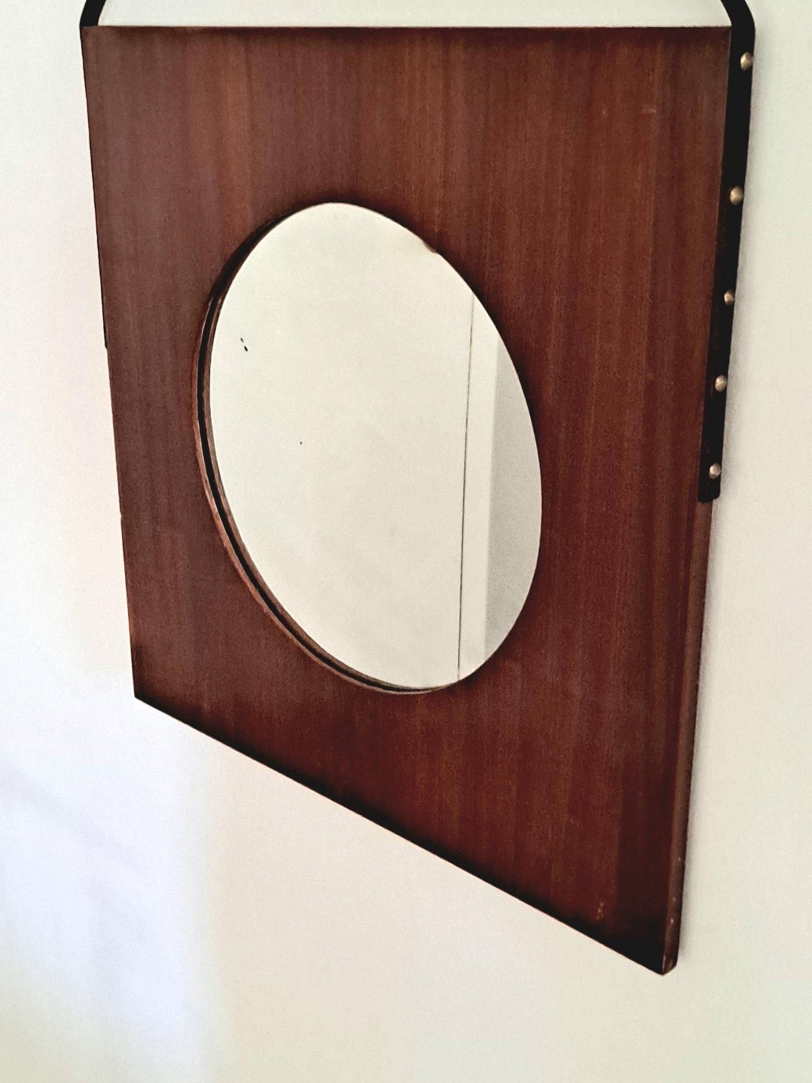 Mid-20th Century Italian Art Deco Wall Round Mirror with Square Wood Frame For Sale