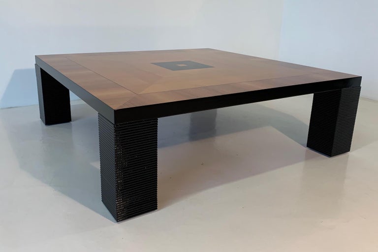 Wood Italian Art Deco Walnut and Black lacquer Coffee Table For Sale