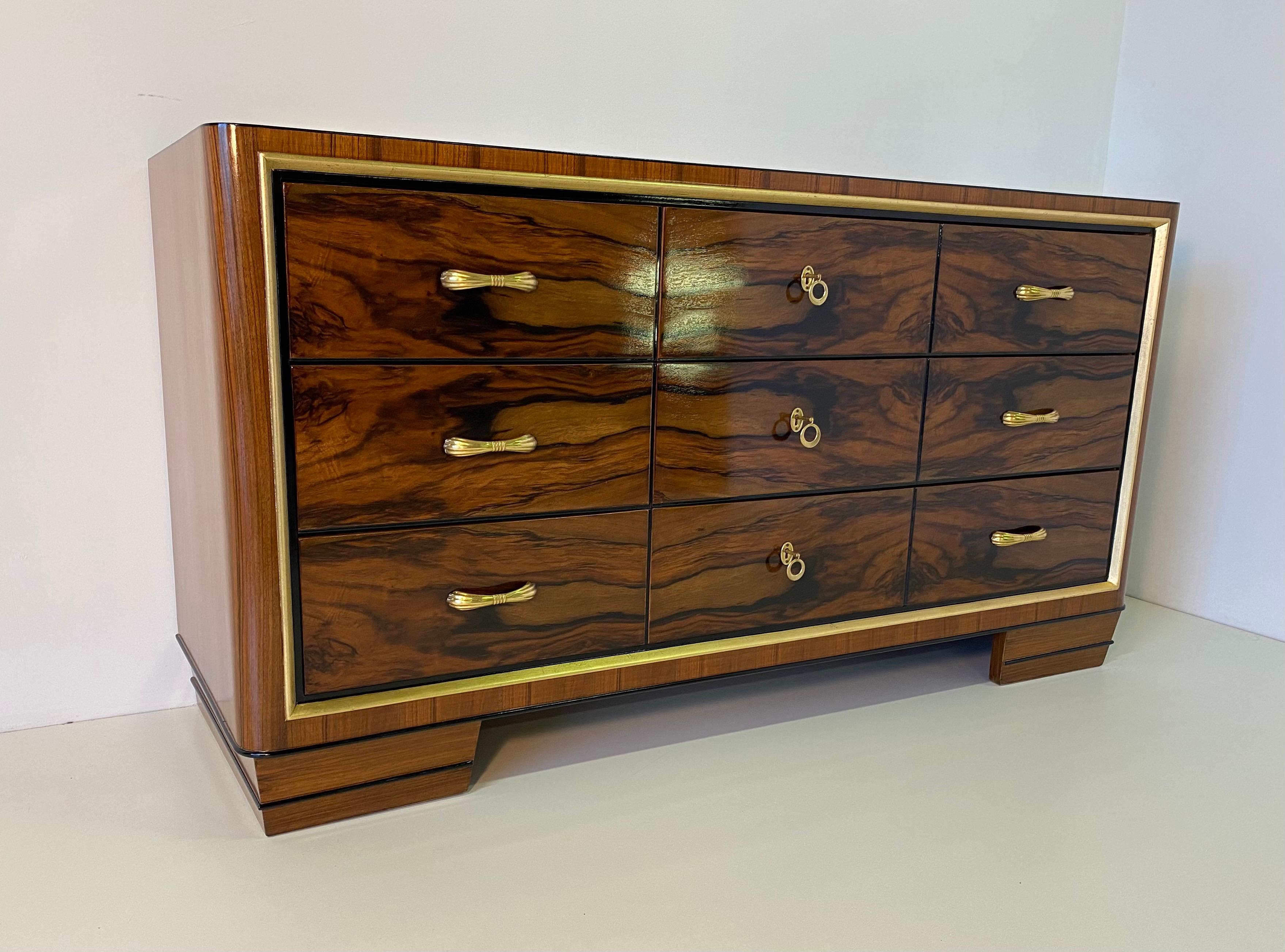 Mid-20th Century Italian Art Deco Walnut and Brass Chest of Drawers, 1930s