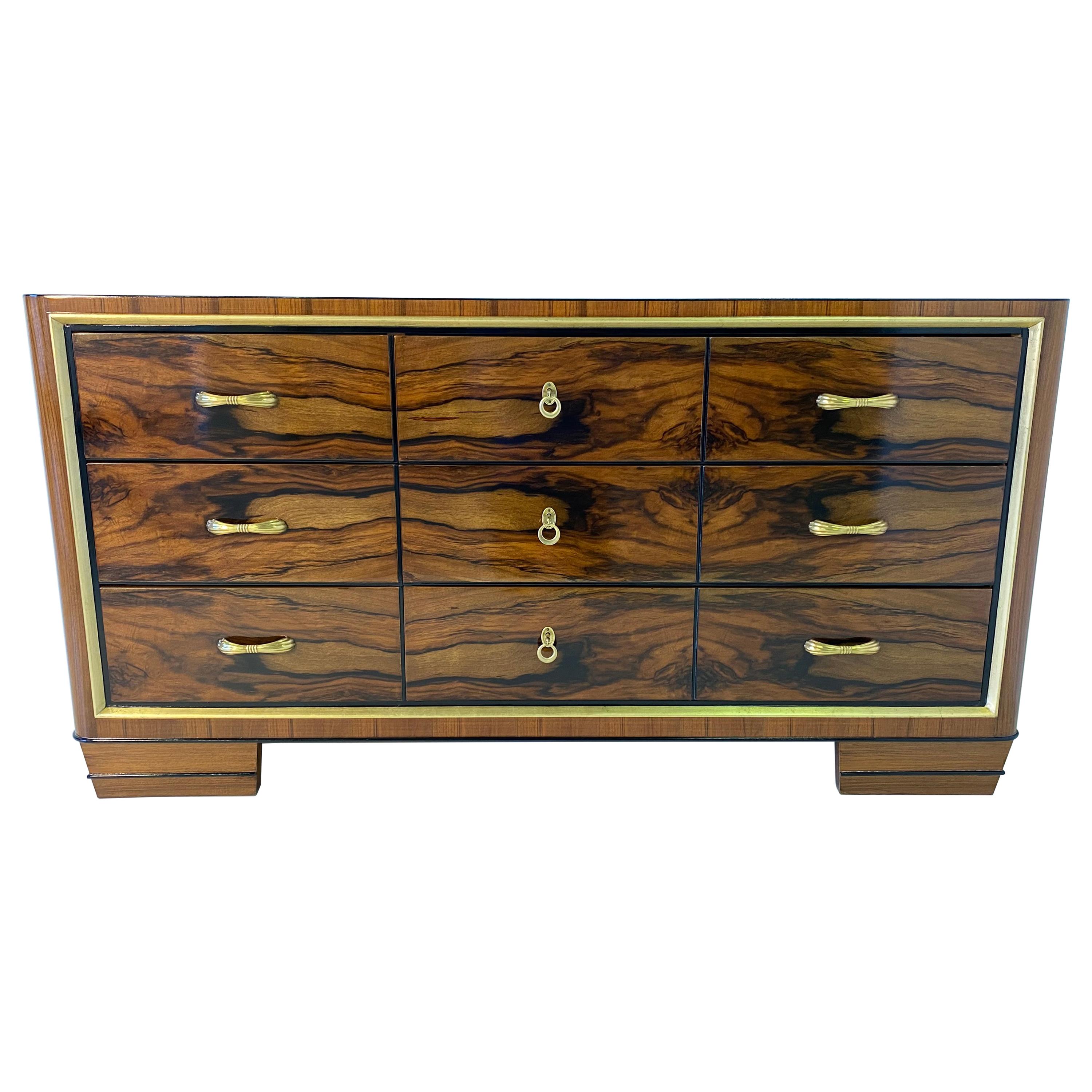 Italian Art Deco Walnut and Brass Chest of Drawers, 1930s