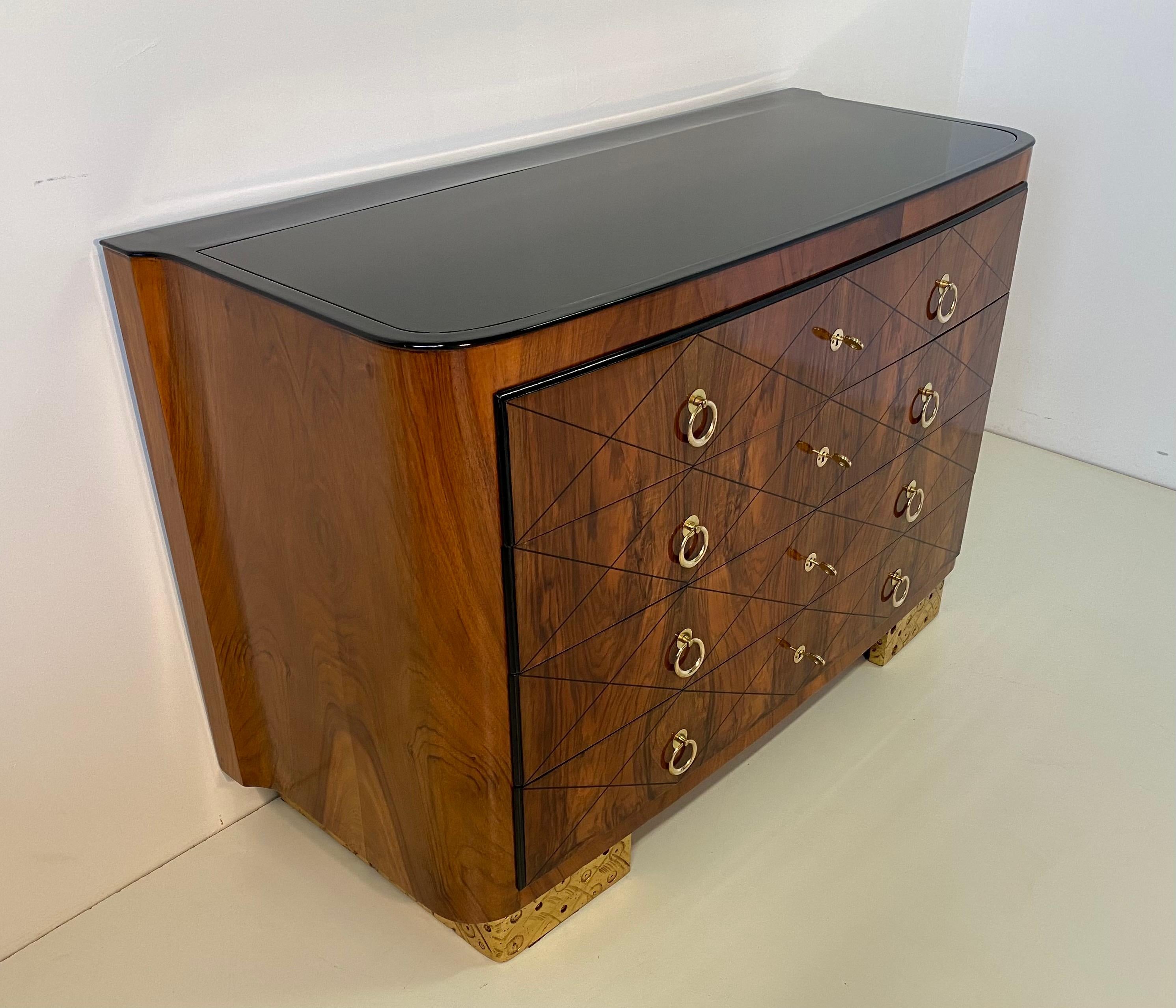 Mid-20th Century Italian Art Deco Walnut and Gold Leaf Chest of Drawers, 1930s