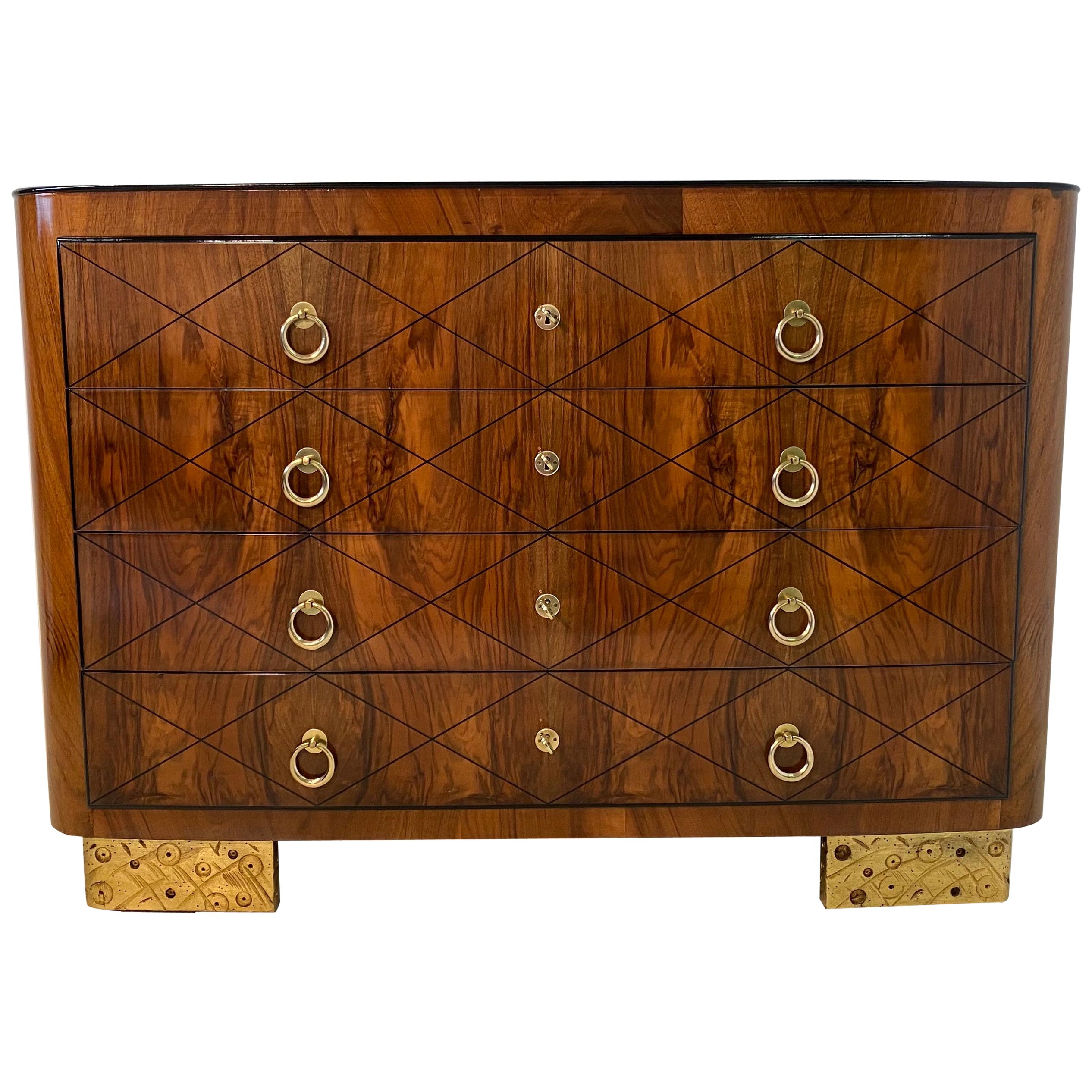 Italian Art Deco Walnut and Gold Leaf Chest of Drawers, 1930s