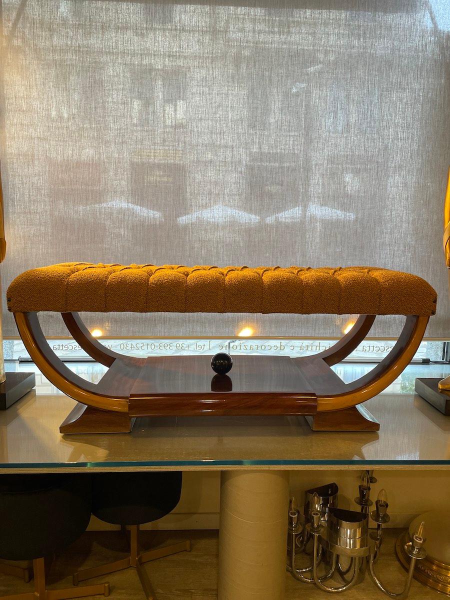 Italian Art Déco Walnut Bench with Tufted Upholstered Seat For Sale 9