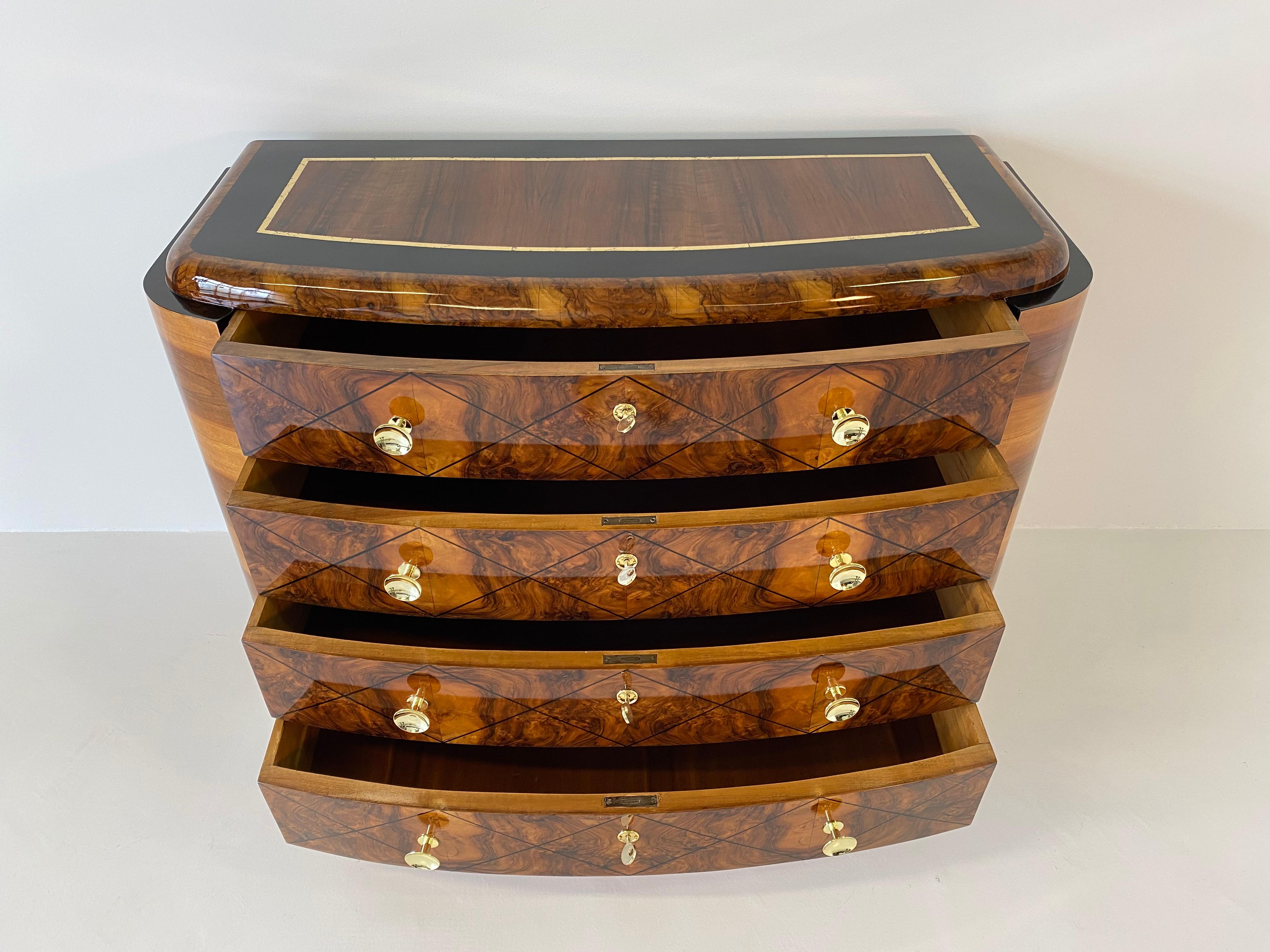 Italian Art Deco Walnut , Gold Leaf and Brass Chest of Drawers, 1930s 7